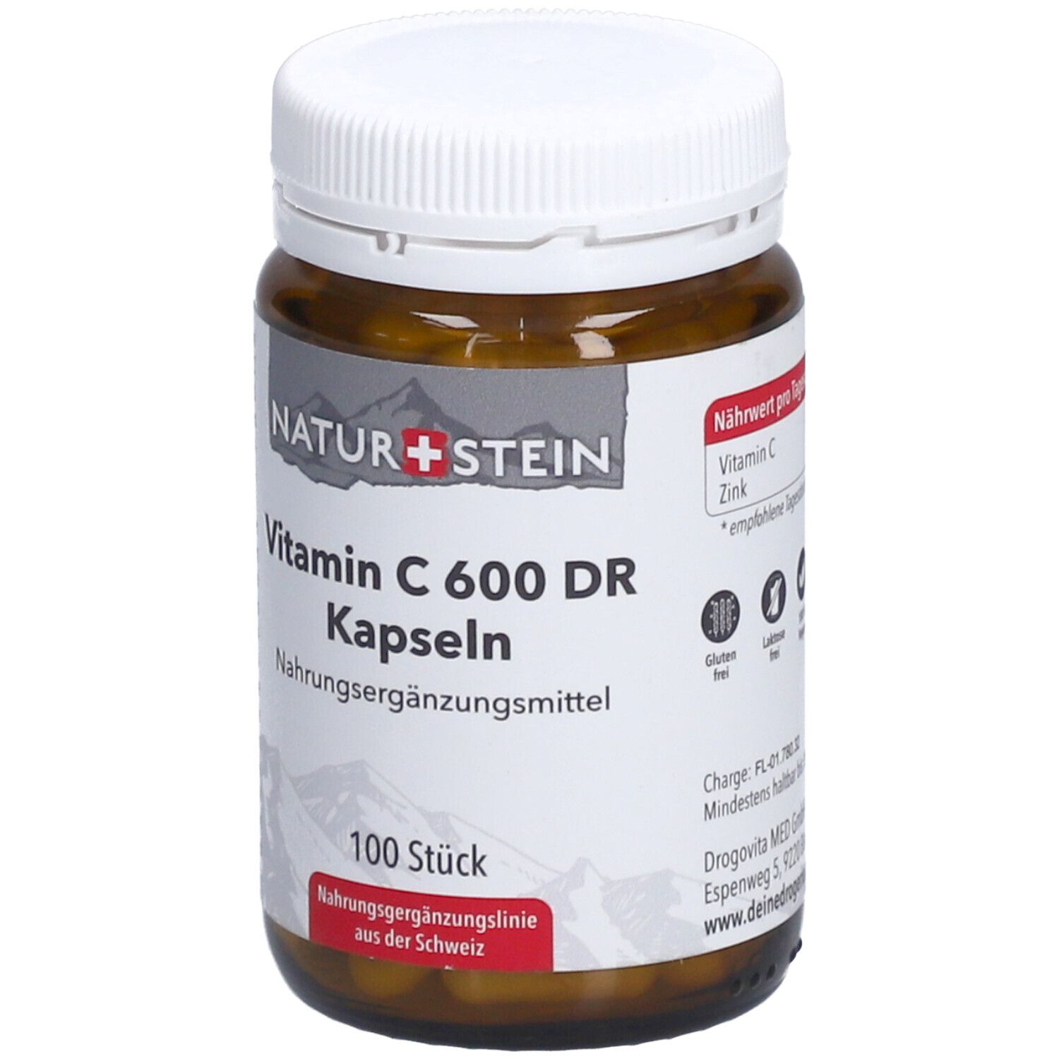 Braune Glasflasche mit weißem Deckel. Aufschrift: NATURSTEIN Vitamin C 600 DR Kapseln. 100 Stück. Glutenfrei, laktosefrei, vegan.