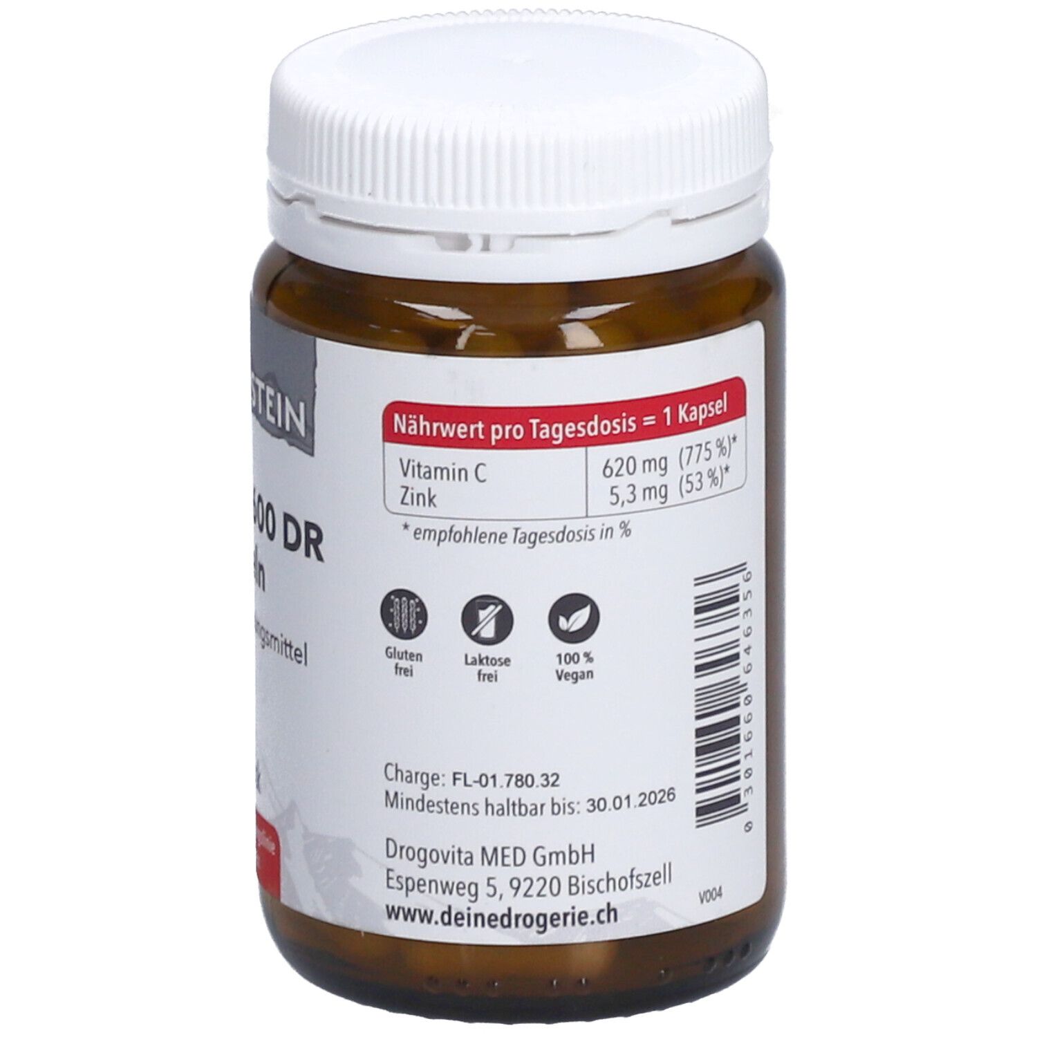 Rückseite der braunen Glasflasche. Nährwertangaben: Vitamin C, Zink. Glutenfrei, laktosefrei, vegan. Mindestens haltbar bis 30.01.2026.