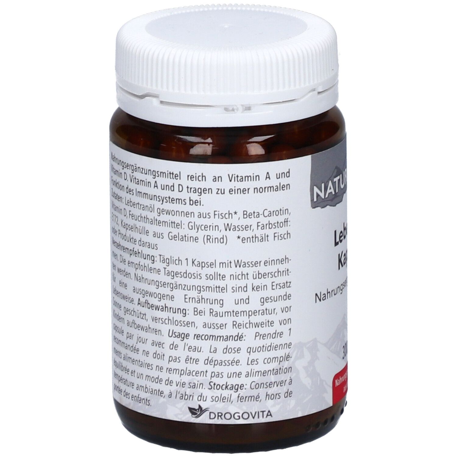 Rückseite der Flasche. Text: Nahrungsergänzungsmittel reich an Vitamin A und D. Enthält Fisch. Lagerungshinweis.