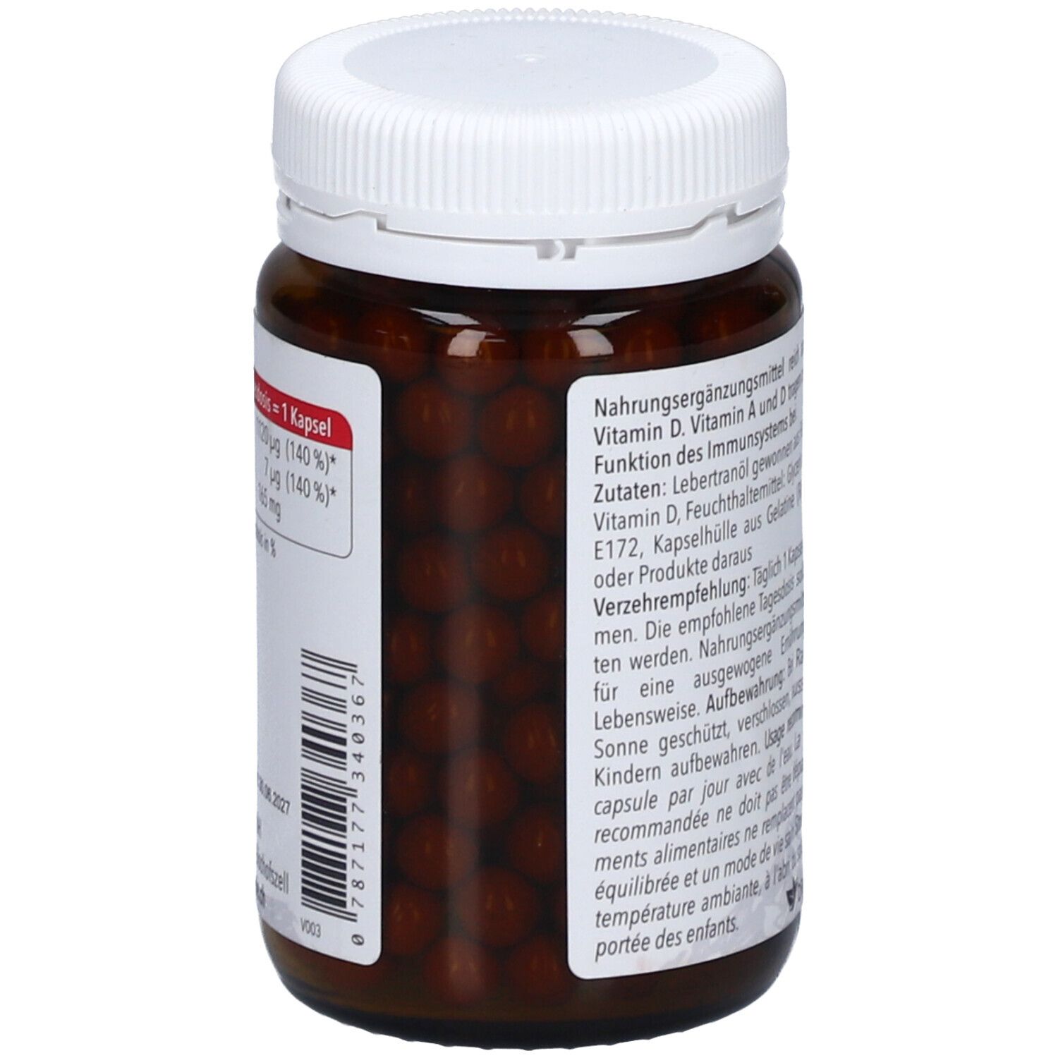 Flasche mit braunen Kapseln. Text: Nahrungsergänzungsmittel. Zutaten: Lebertranöl, Vitamin D. Kapselhülle aus Gelatine.