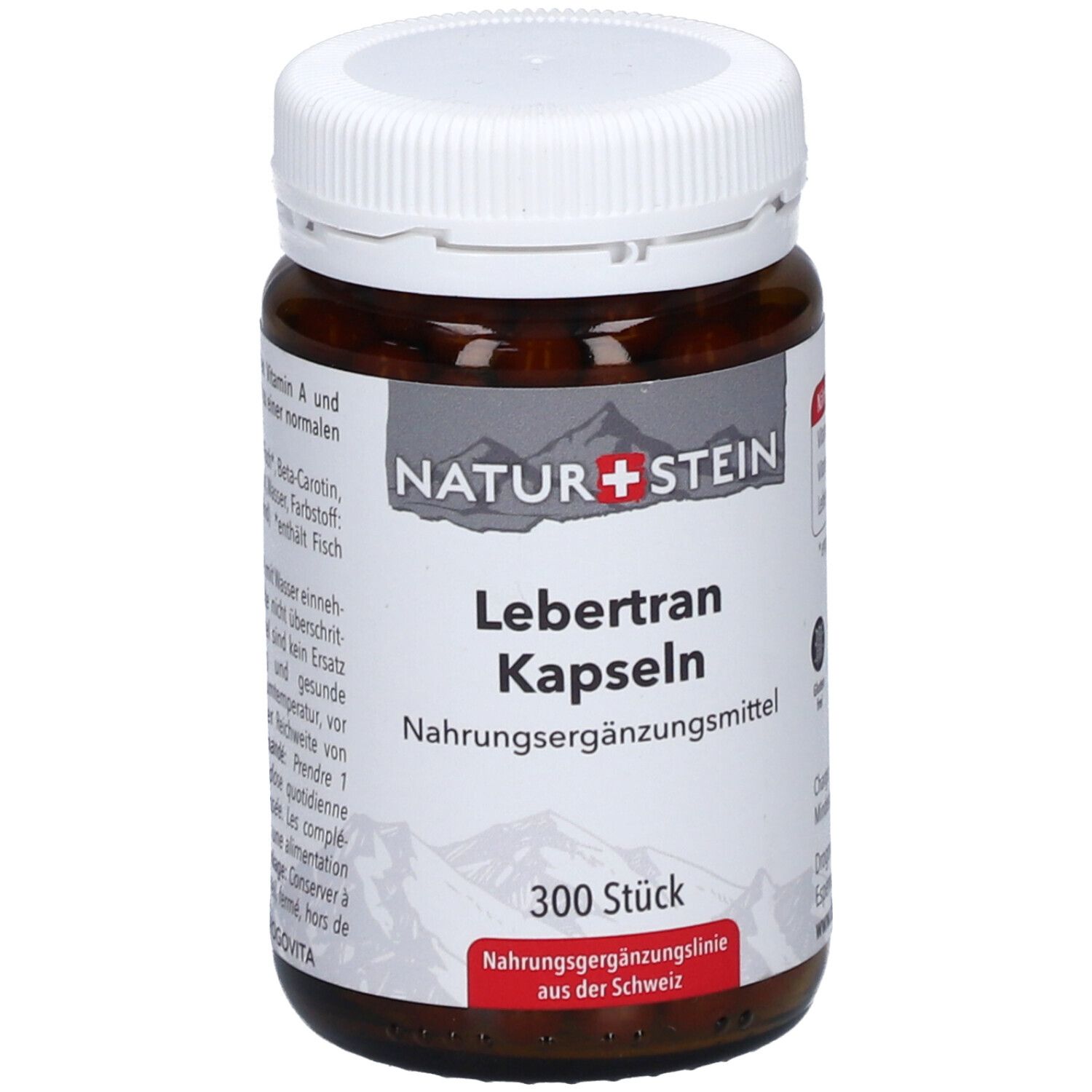 Braune Flasche mit weißen Deckel. Aufschrift: NATUR+STEIN, Lebertran Kapseln, 300 Stück. Nahrungsergänzungsmittel.