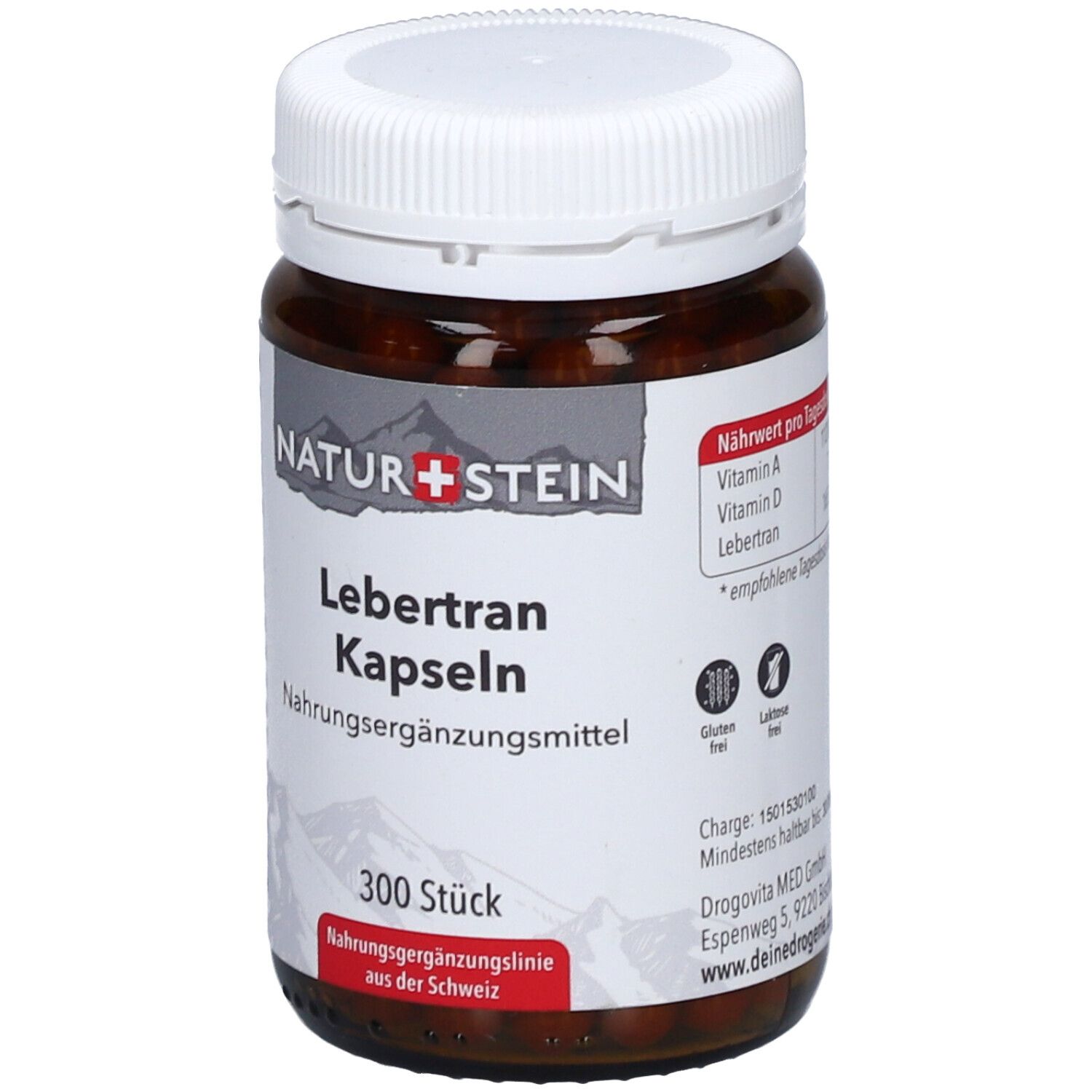 Braune Flasche mit weißen Deckel. Aufschrift: NATUR+STEIN, Lebertran Kapseln, 300 Stück. Glutenfrei, laktosefrei.