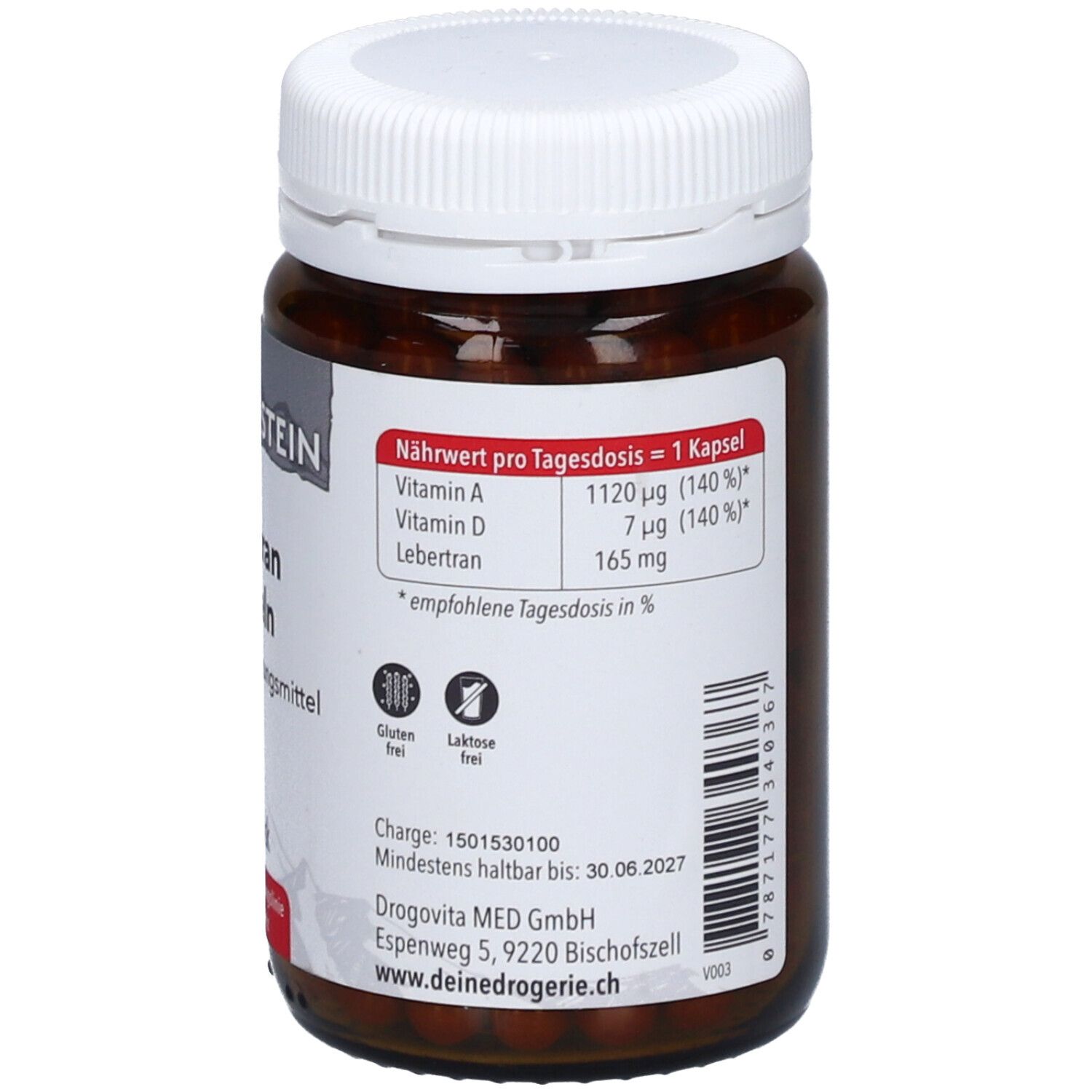Rückseite der Flasche. Nährwertangaben pro Tagesdosis. Glutenfrei, laktosefrei. Mindestens haltbar bis 30.06.2027.