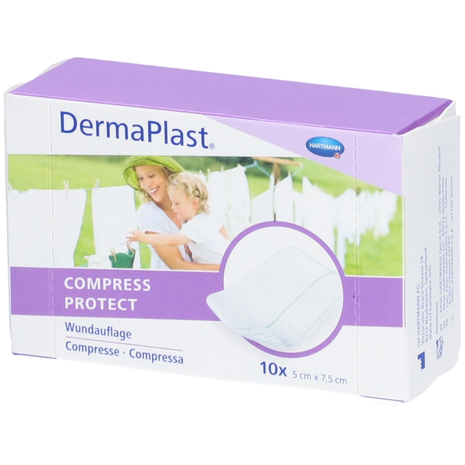 Verpackung von DermaPlast Compress Protect Wundauflage. 10 Stück, 5 cm x 7,5 cm. Mit Bild einer Frau und Kind.
