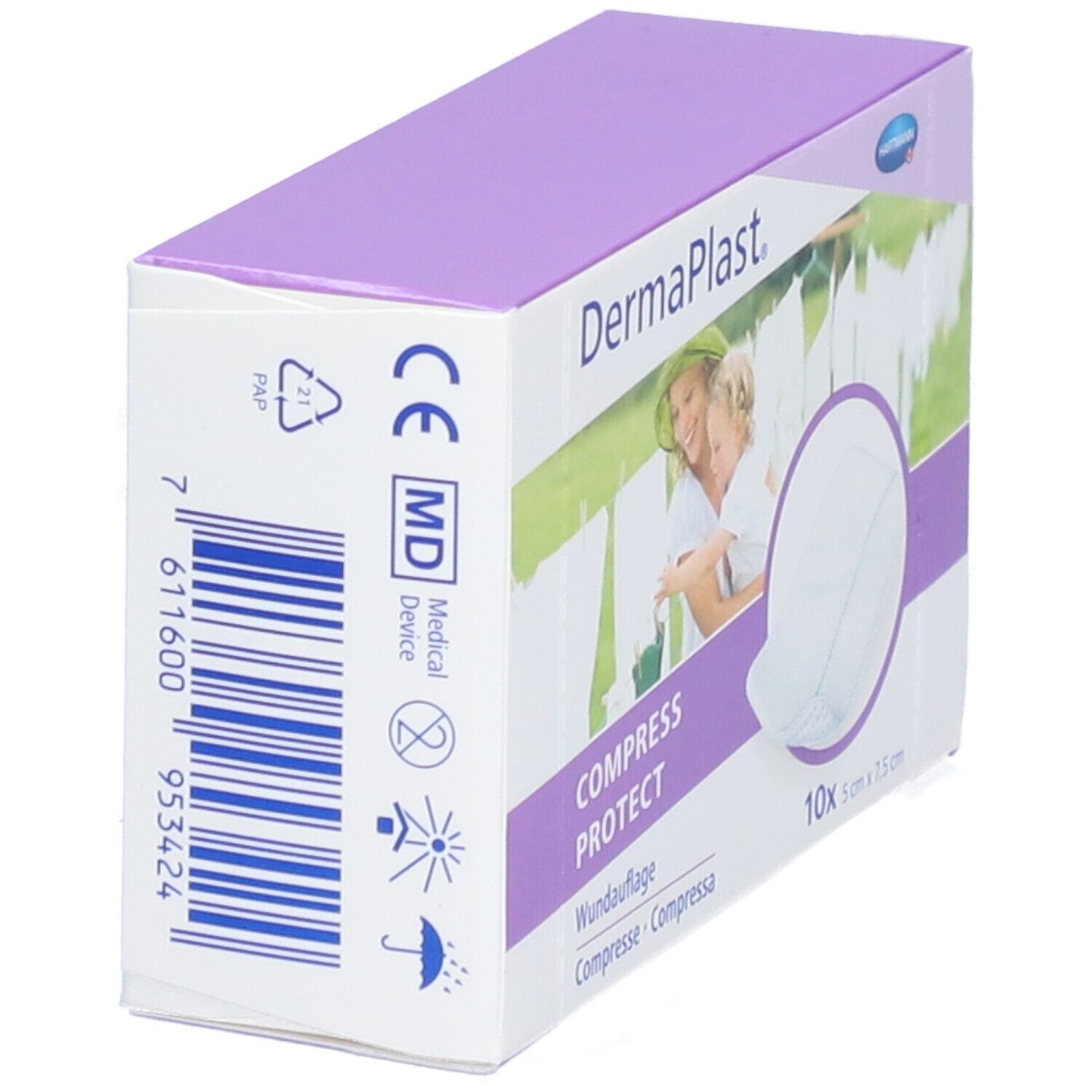 DermaPlast Compress Protect Verpackung. Medizinprodukt. Barcode, Recycling-Symbole. Ansicht von der Seite.