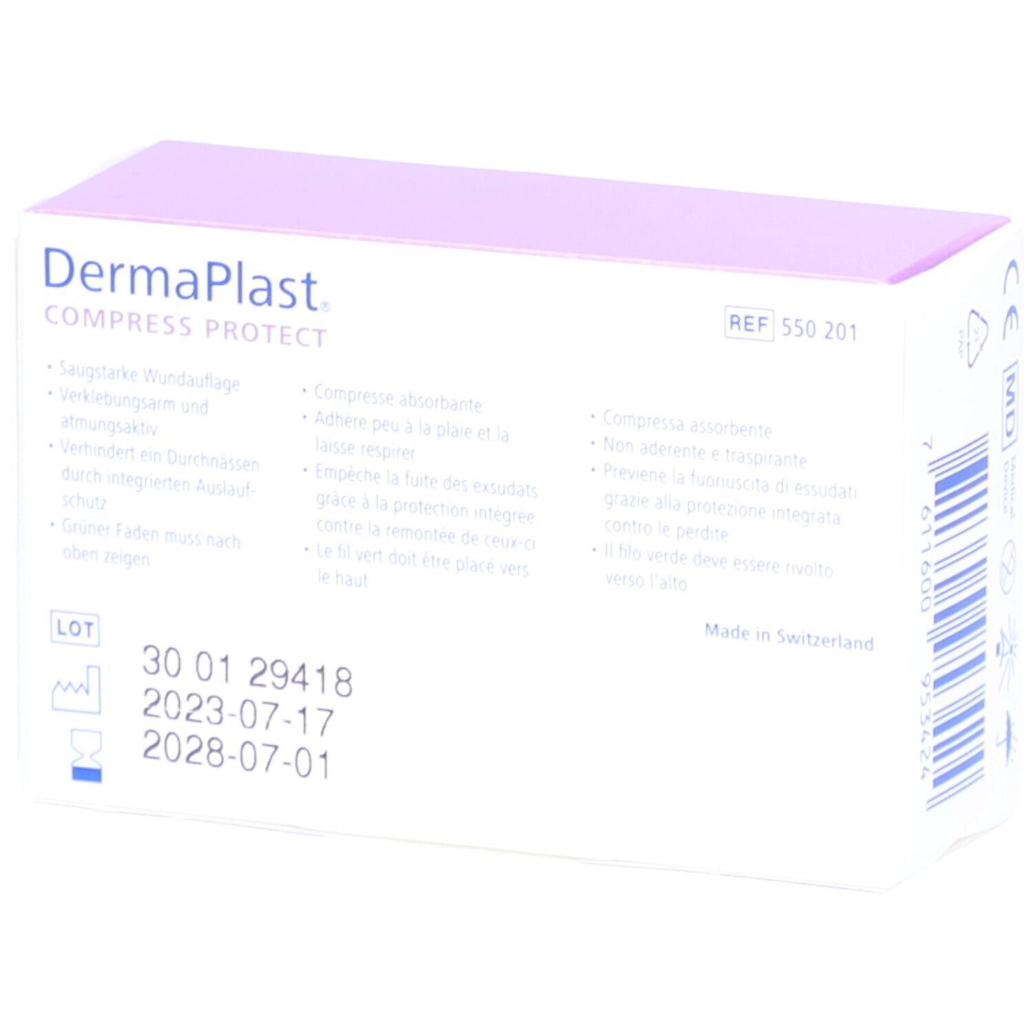 Rückseite der DermaPlast Compress Protect Verpackung. Informationen zur Anwendung und Haltbarkeit. Made in Switzerland.