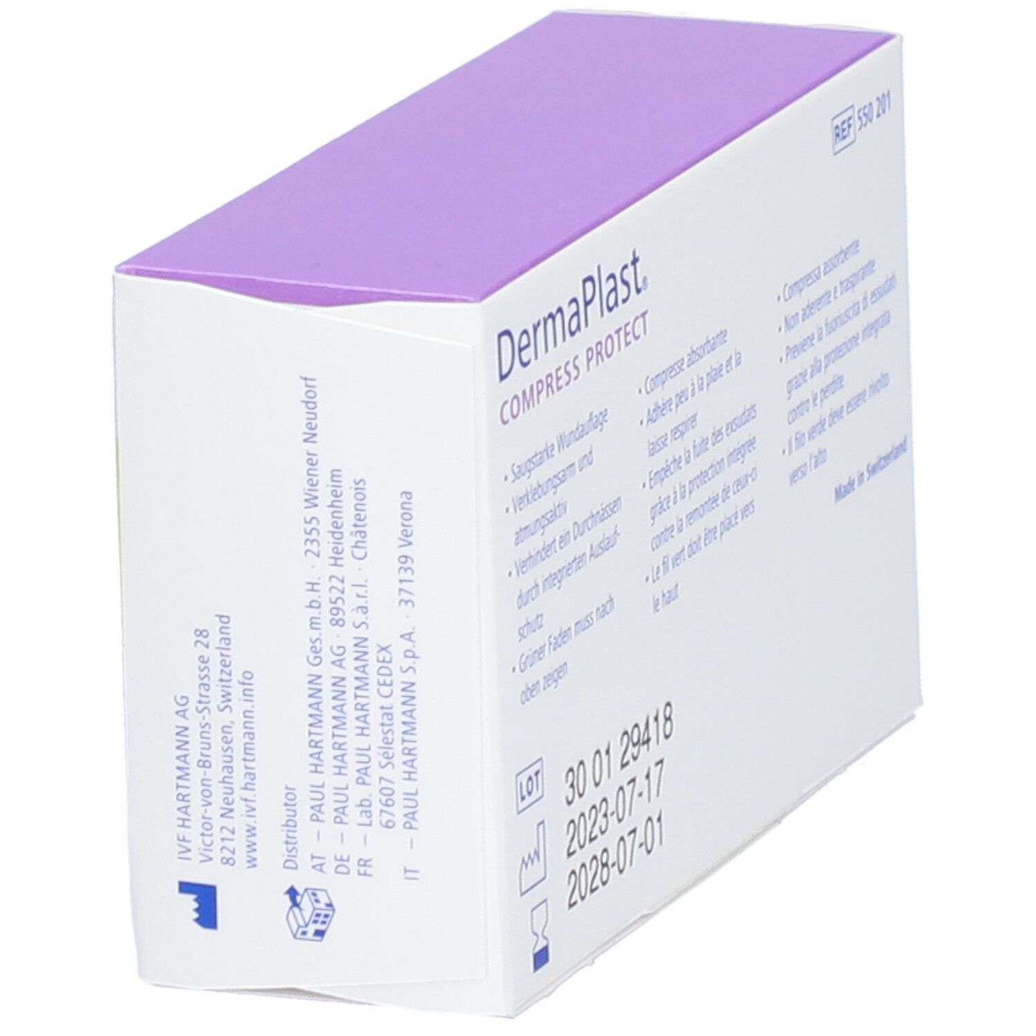 Seitenansicht der DermaPlast Compress Protect Verpackung. Informationen zur Anwendung und Haltbarkeit. Made in Switzerland.