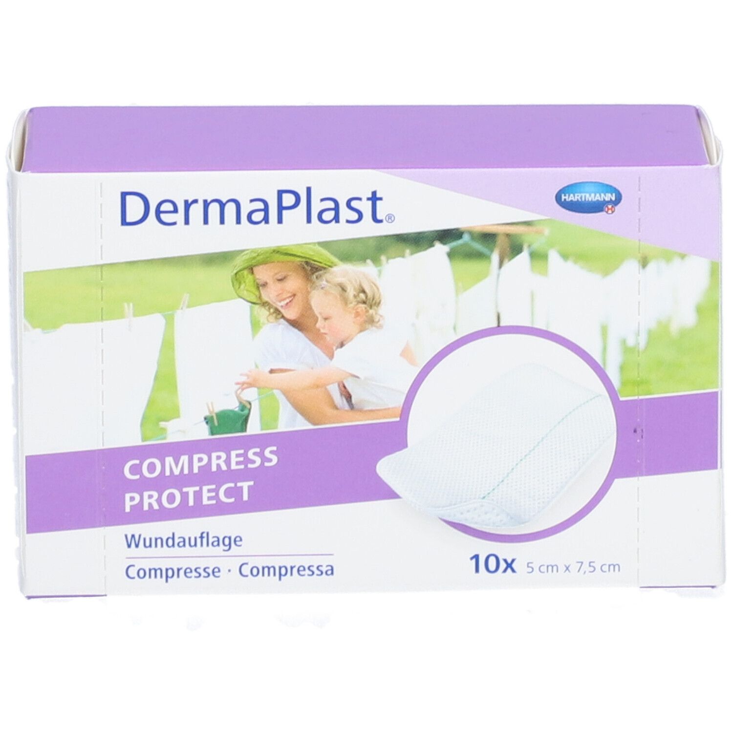 DermaPlast Compress Protect Verpackung. 10 Stück, 5 cm x 7,5 cm. Bild einer Frau und Kind. Hartmann Logo.