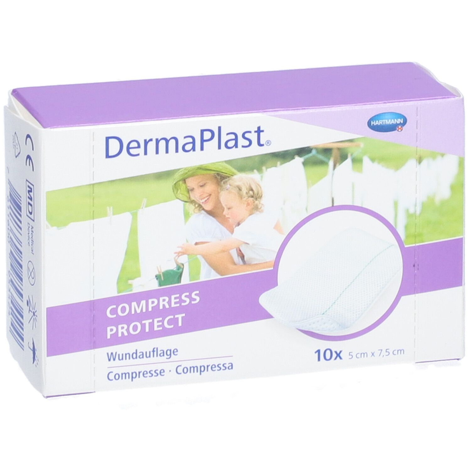 DermaPlast Compress Protect Verpackung. 10 Stück, 5 cm x 7,5 cm. Bild einer Frau und Kind. Hartmann Logo.