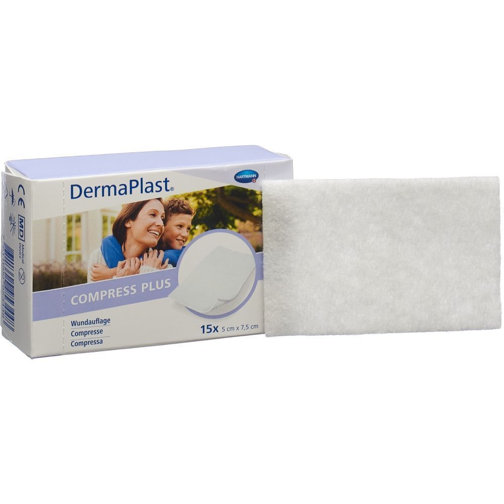 Compresse Dermaplast® Compress Plus. Compresse blanche rectangulaire à côté de l'emballage. Emballage avec logo et image.