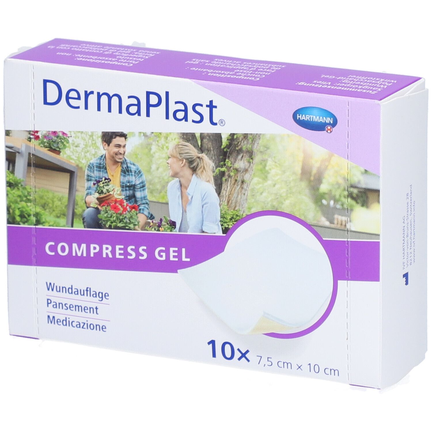 Verpackung von Dermaplast Kompressen-Gel. Zeigt ein Paar im Garten. Enthält 10 Stück, 7,5 x 10 cm.