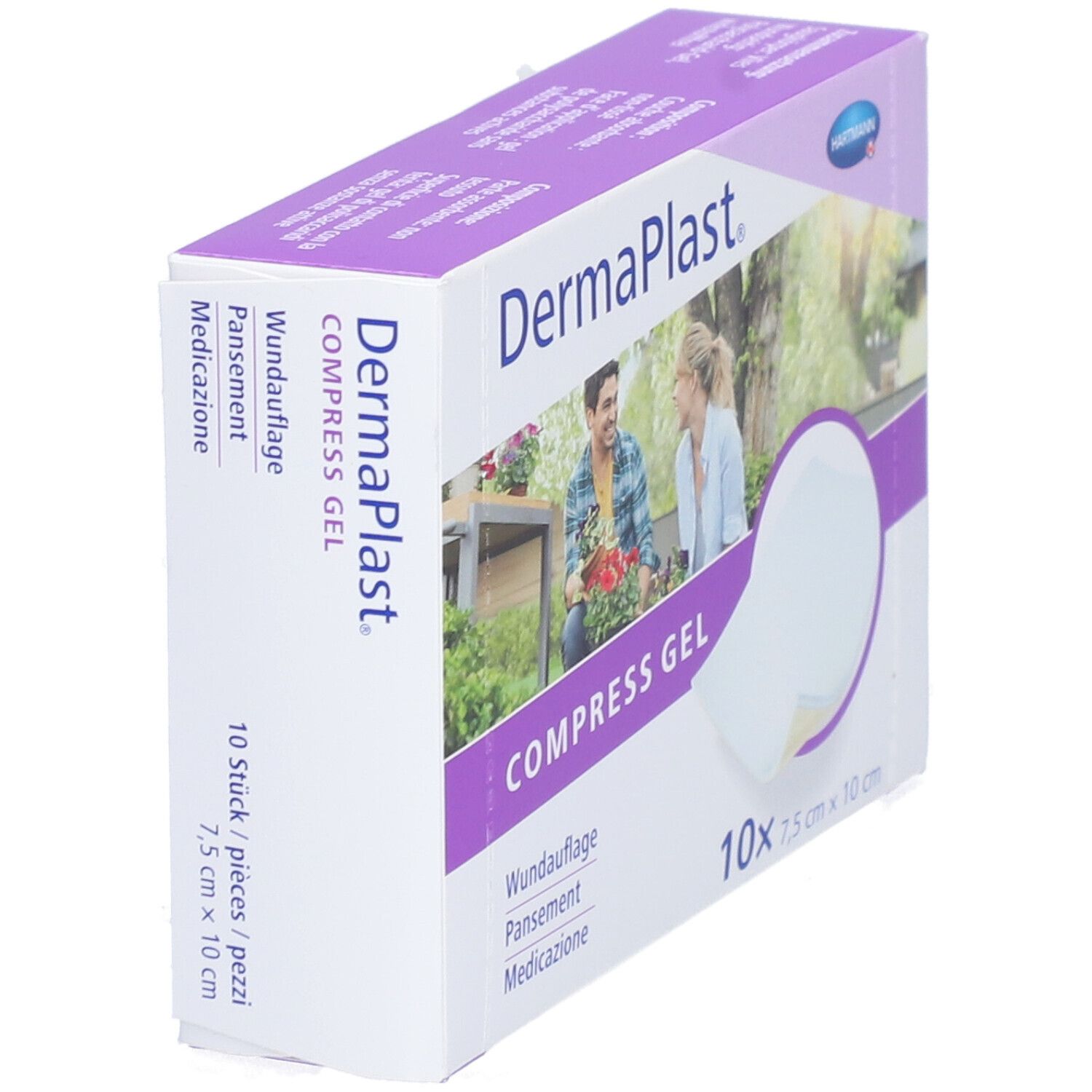 Schrägansicht der Dermaplast Kompressen-Gel Verpackung. Zeigt ein Paar im Garten. 10 Stück, 7,5 x 10 cm.