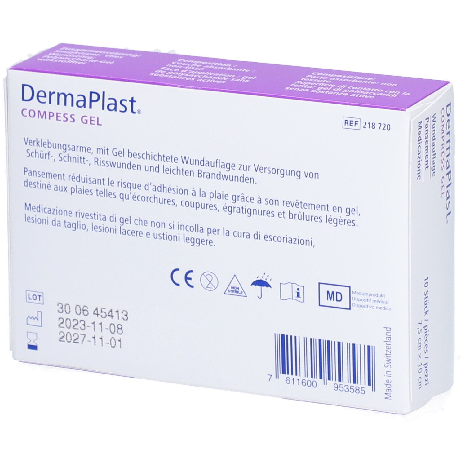 Rückseite der Dermaplast Kompressen-Gel Verpackung. Text in Deutsch, Französisch und Italienisch. CE-Kennzeichnung.