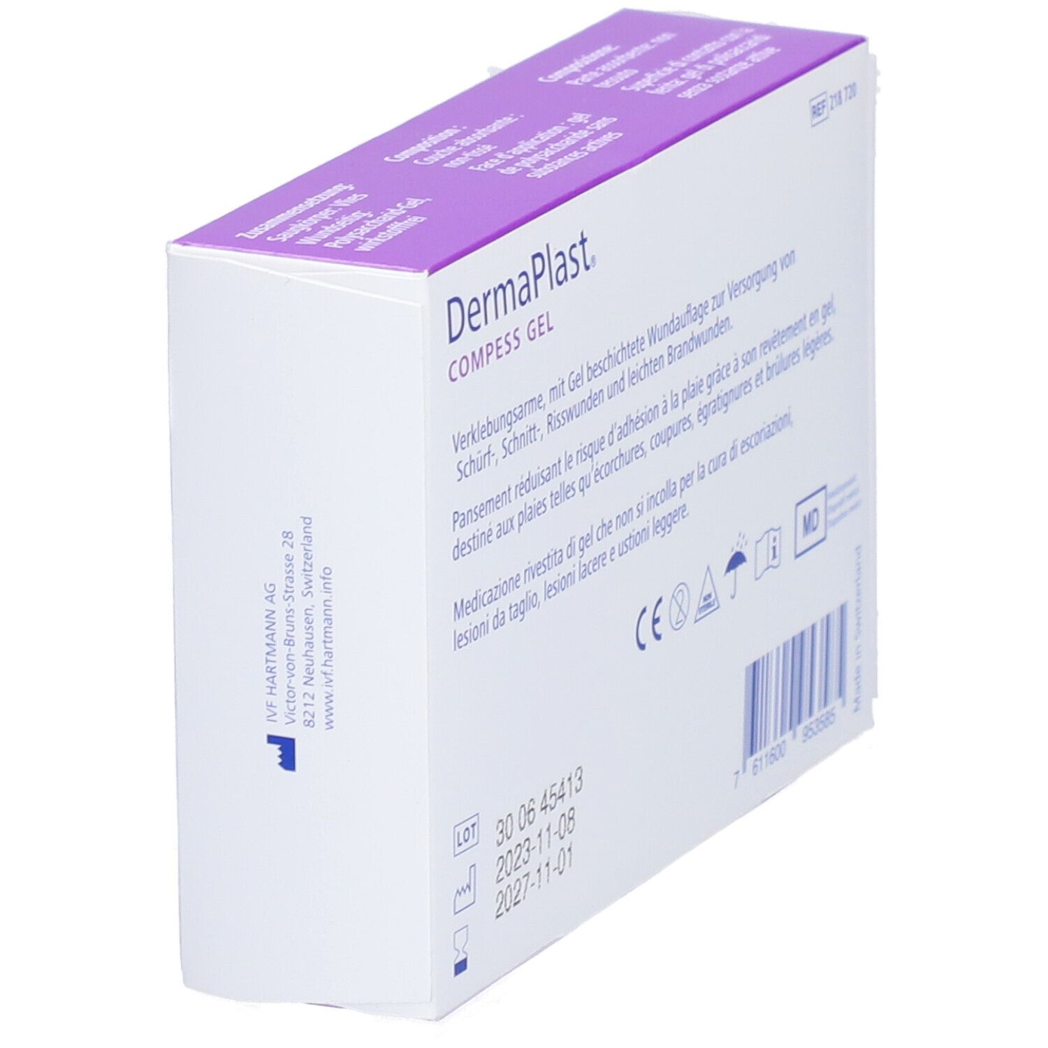 Seitenansicht der Dermaplast Kompressen-Gel Verpackung. Text und Barcode. CE-Kennzeichnung.