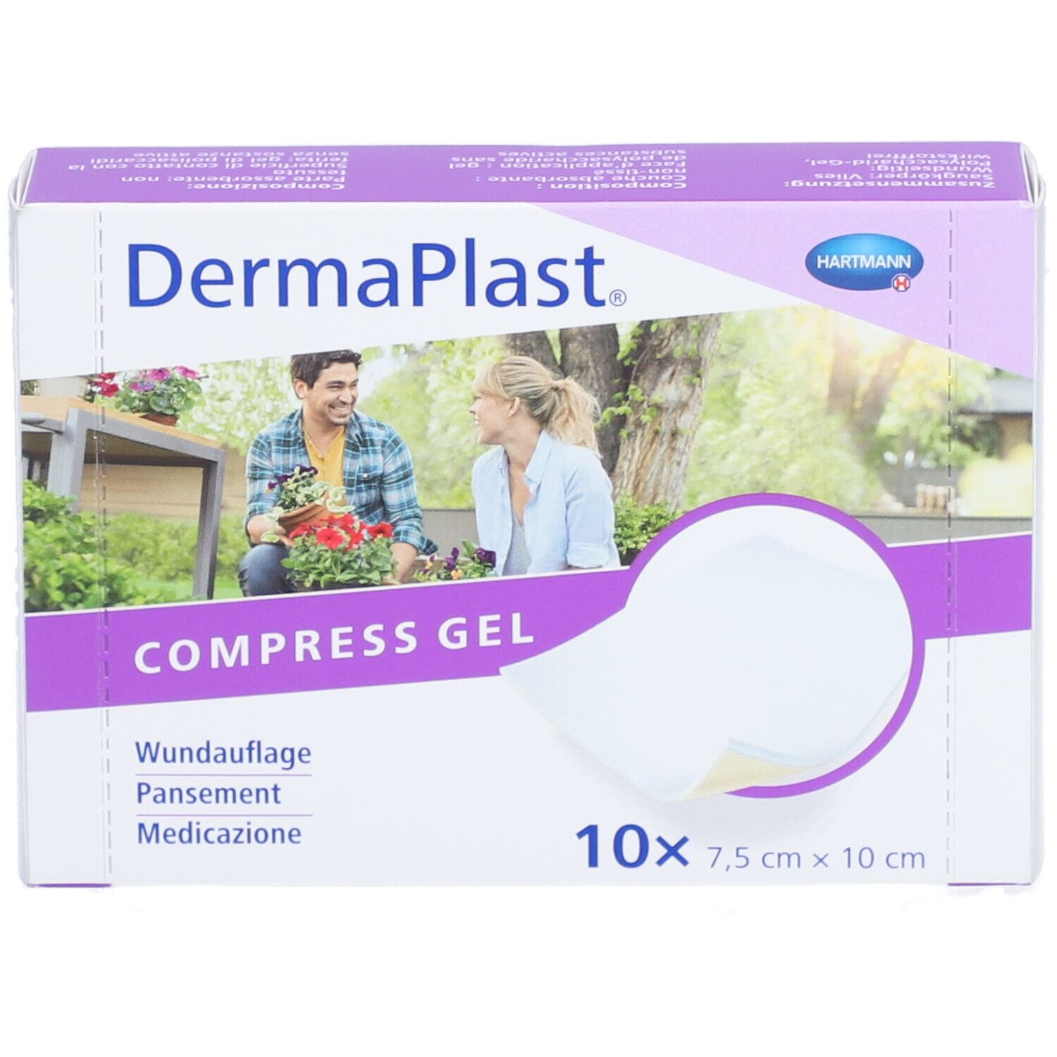 Dermaplast Kompressen-Gel Verpackung. Zeigt ein Paar im Garten. Enthält 10 Stück, 7,5 x 10 cm.