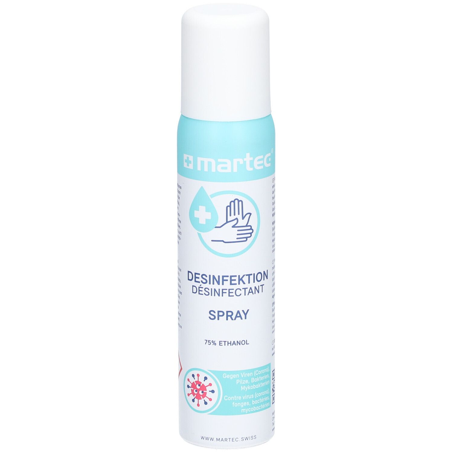 Desinfektionsspray mit weißem Deckel. Aufschrift: Desinfektion Spray, 75% Ethanol. Logo: Hand und Kreuz.