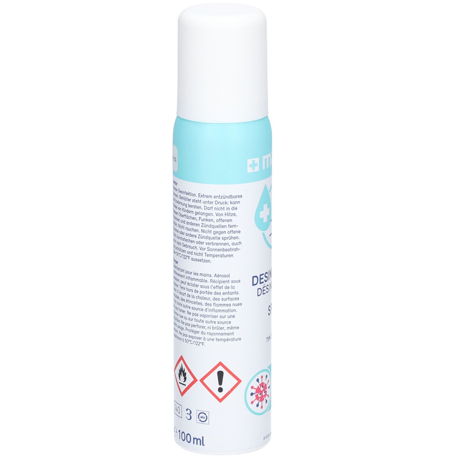 Desinfektionsspray, Rückseite. Text in Deutsch und Französisch. Warnhinweise und Piktogramme. Volumen: 100ml.