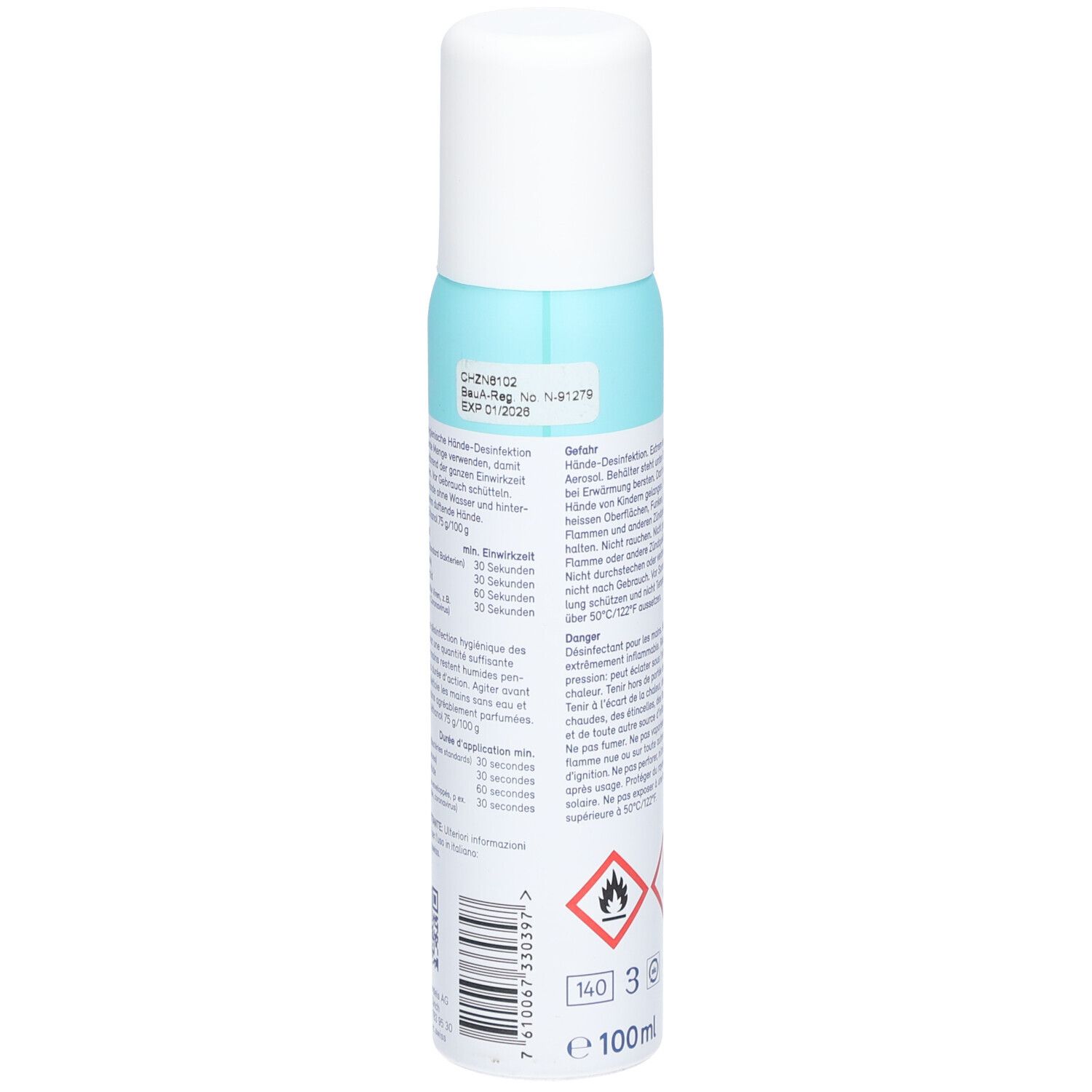 Rückseite des Desinfektionssprays. Text in Deutsch. Warnhinweise und Piktogramme. Volumen: 100ml.