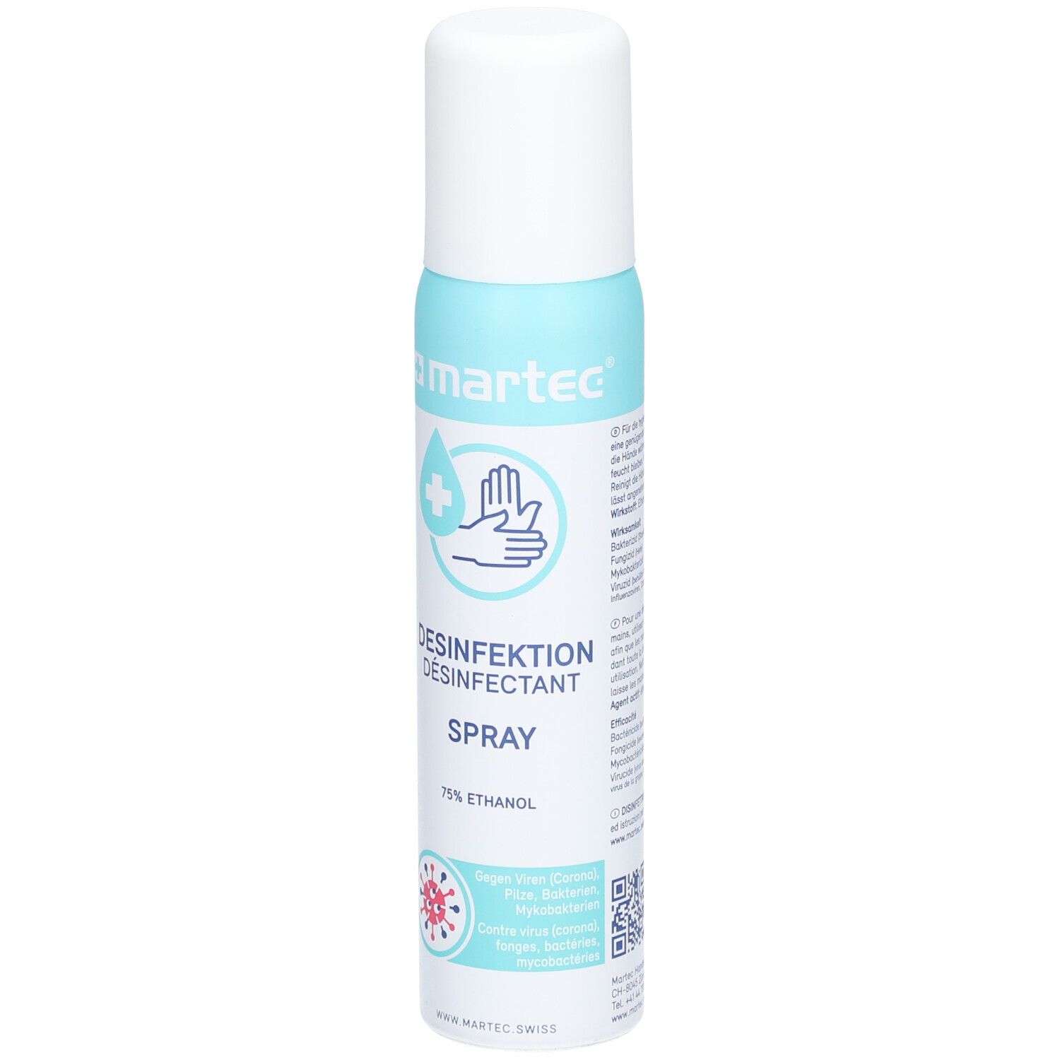Desinfektionsspray mit weißem Deckel. Aufschrift: Desinfektion Spray, 75% Ethanol. Logo: Hand und Kreuz.