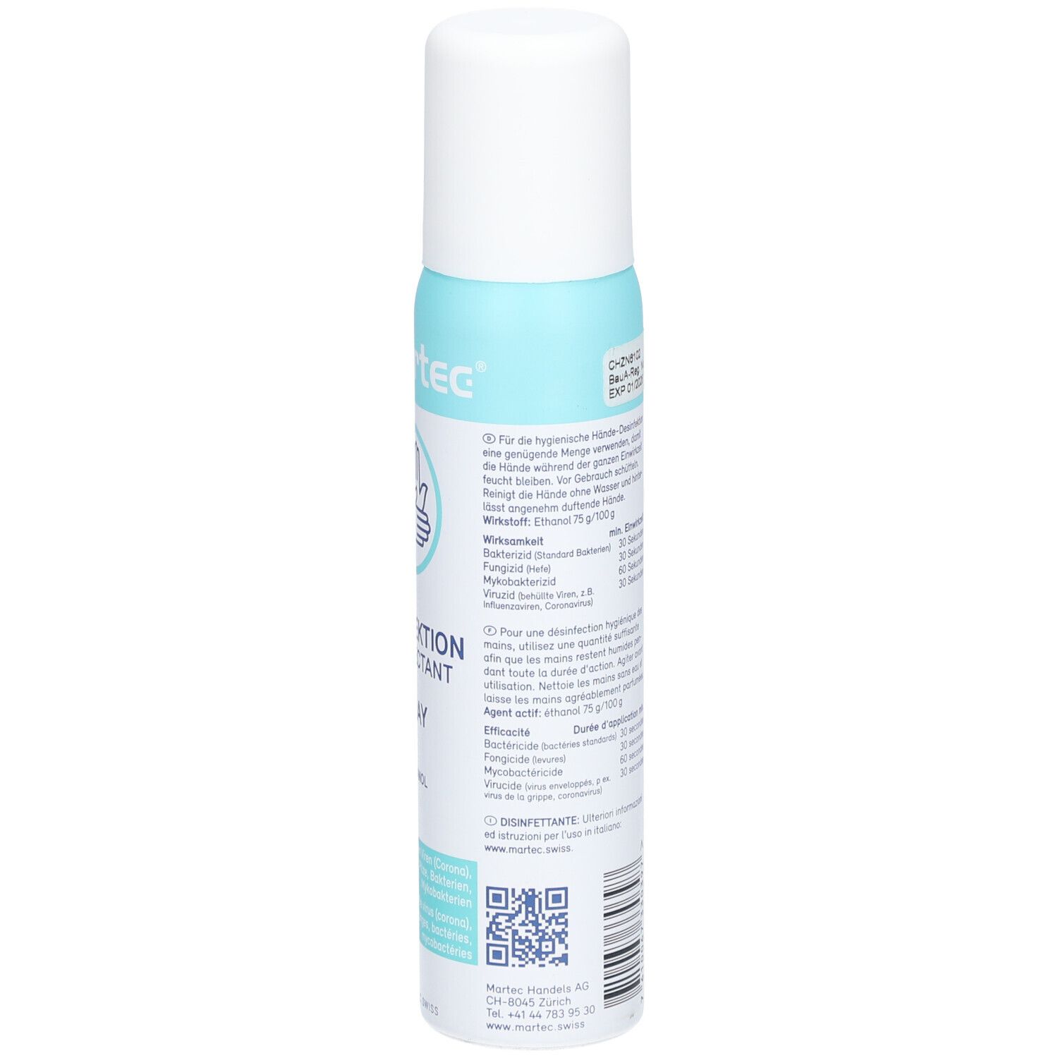 Rückseite des Desinfektionssprays. Text in Deutsch und Französisch. QR-Code. Logo: Martec.