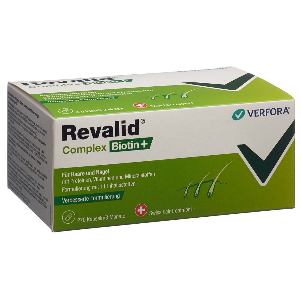 Revalid® Complex Biotin+ Packung. Grün-weiß. Schriftzug und Logo. 270 Kapseln/3 Monate.