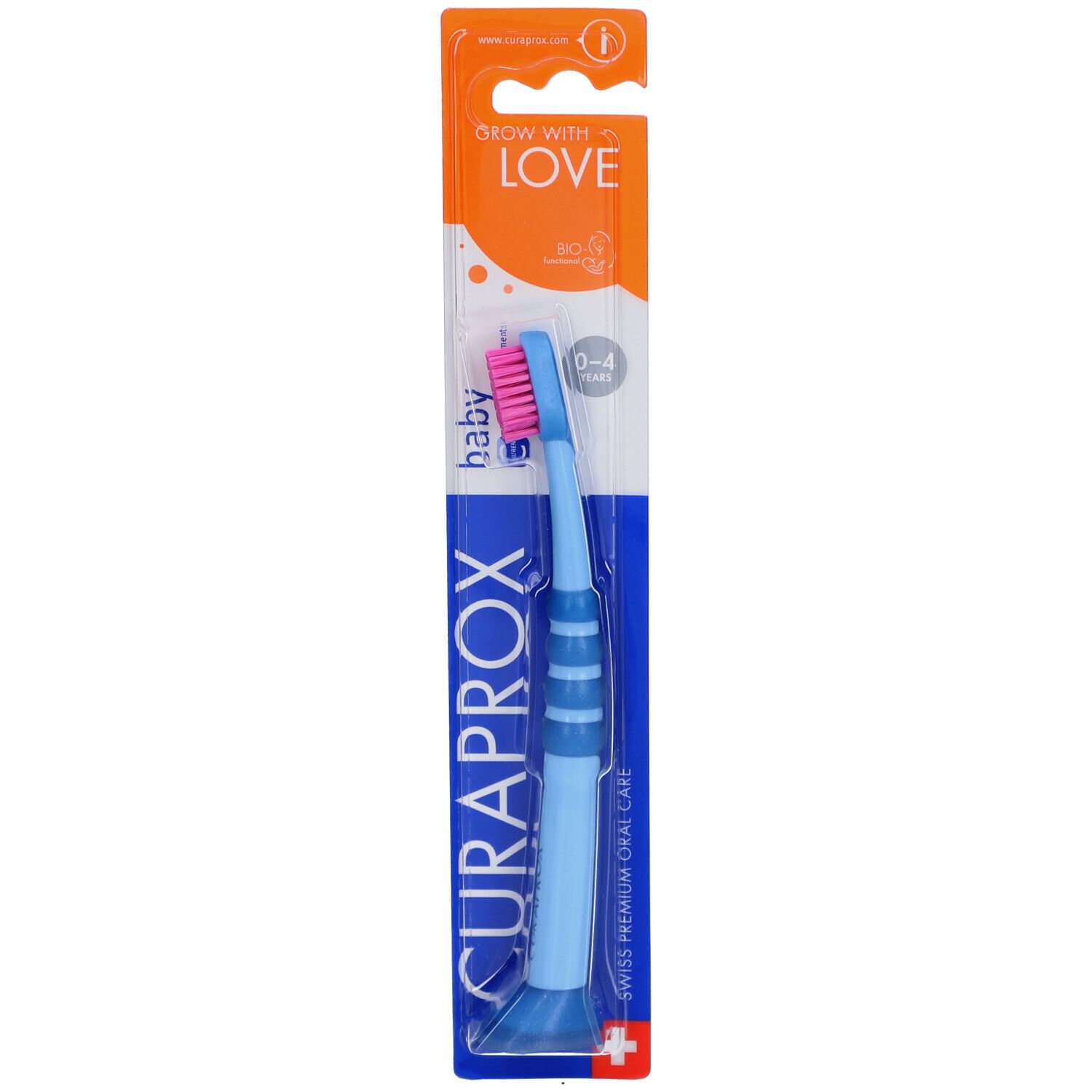 Zahnbürste, hellblau, rosa Borsten, in Verpackung. Marke Curaprox, Schriftzug baby.