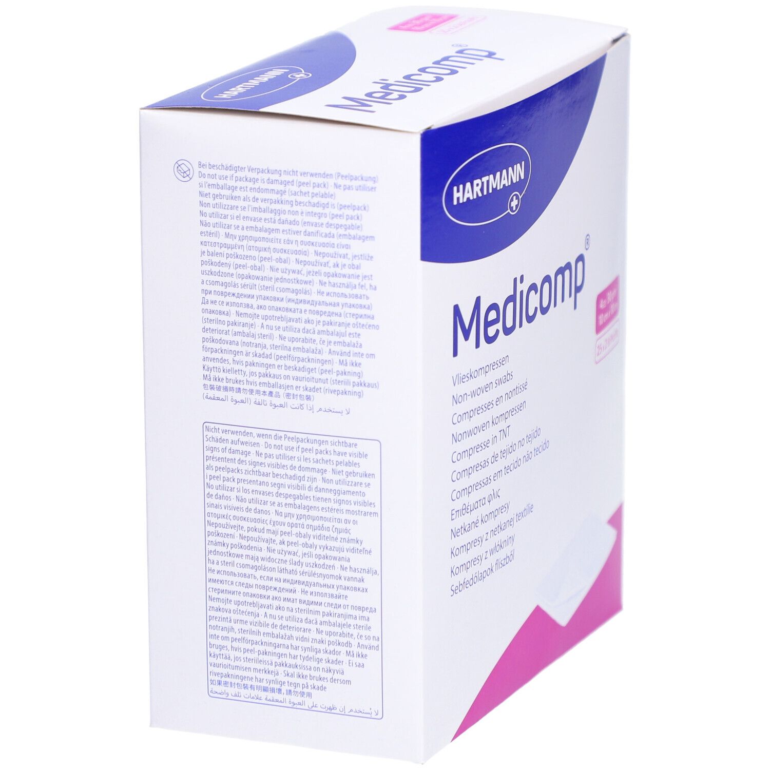 Dos de la boîte Medicomp. Texte multilingue. Marque Hartmann.