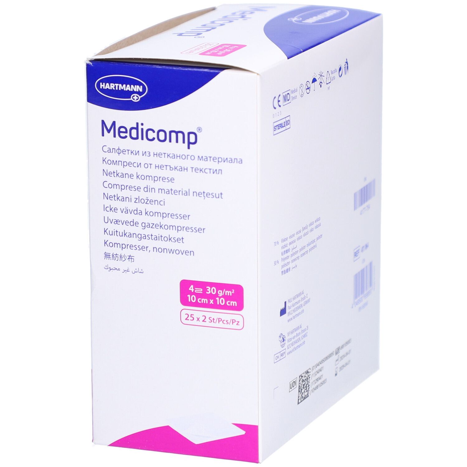 Boîte de compresses non tissées Medicomp. Marque Hartmann. 10x10 cm, 4 plis. Texte multilingue.
