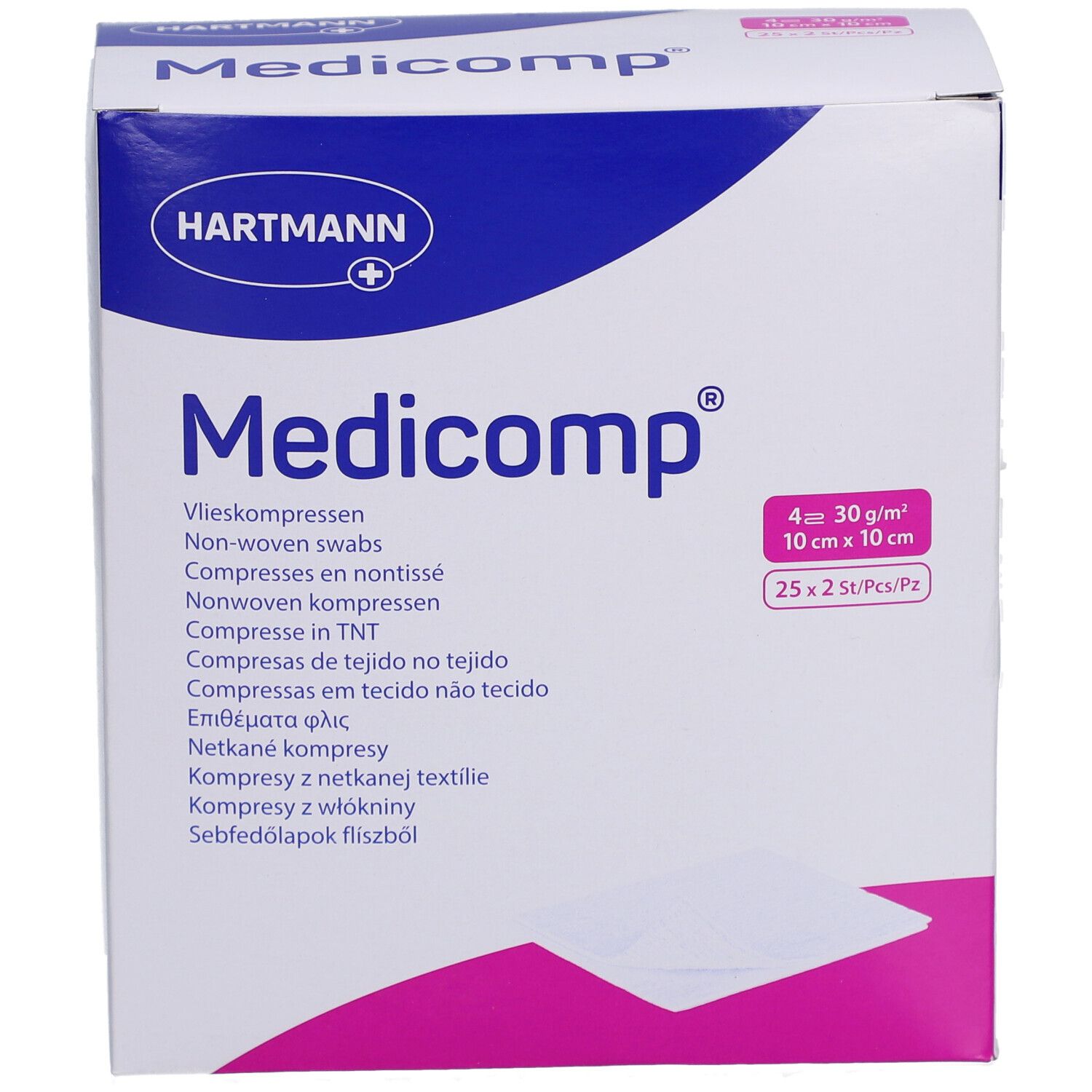 Face avant de la boîte Medicomp. Marque Hartmann. 10x10 cm, 4 plis. 25x2 pièces.