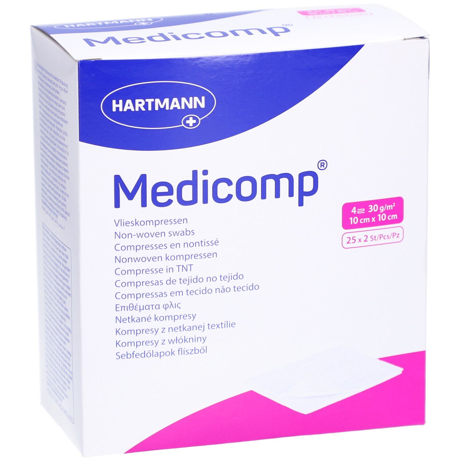 Face avant de la boîte Medicomp. Marque Hartmann. 10x10 cm, 4 plis. 25x2 pièces.