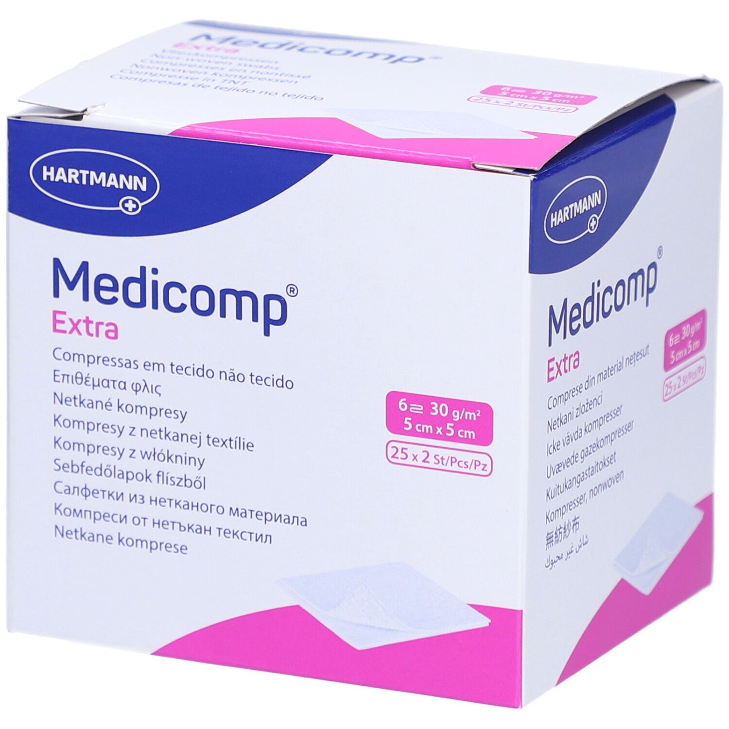 Verpackung von Medicomp Extra. 6 Kompressen, 5x5 cm. Marke Hartmann. Rosa und weiße Verpackung.