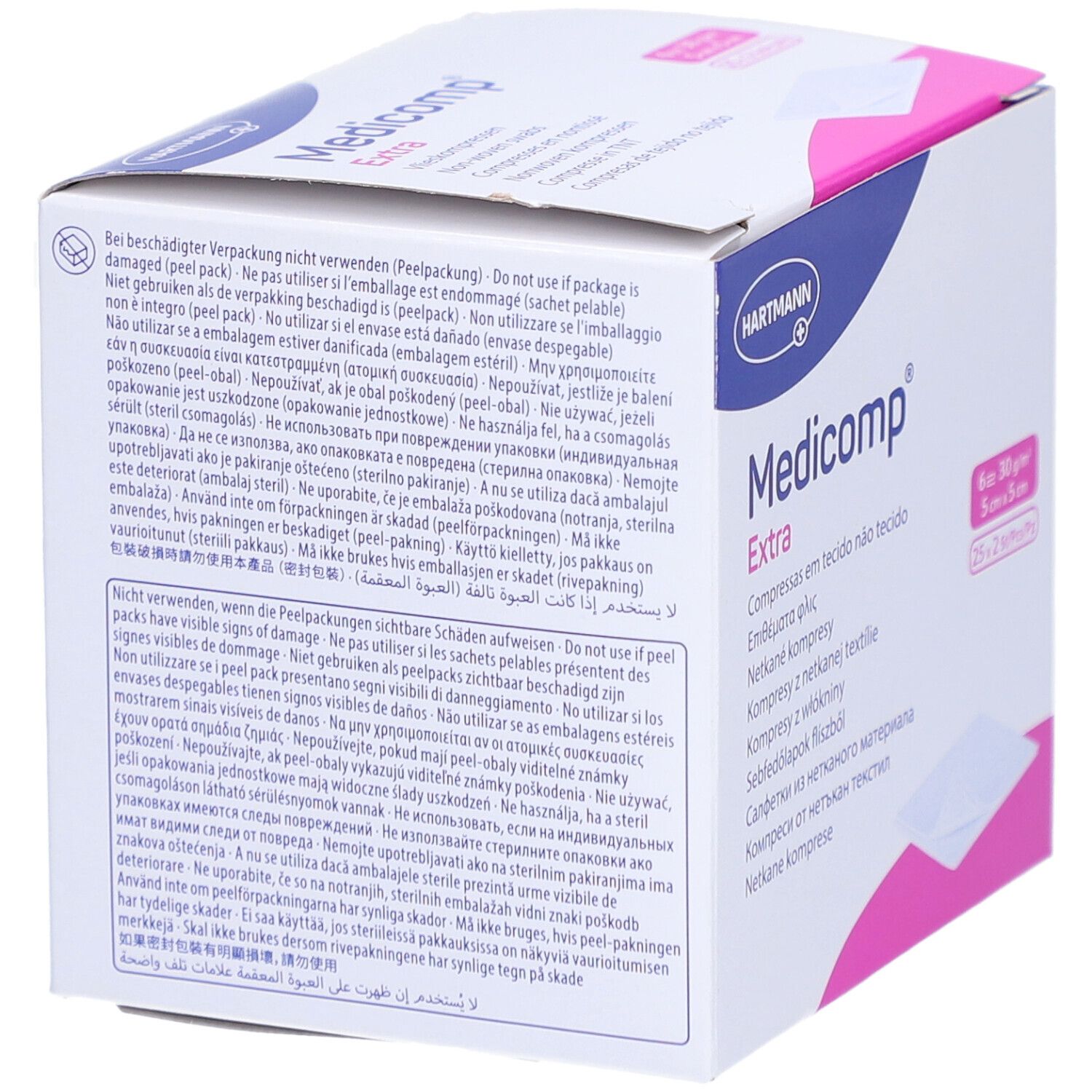 Rückseite der Medicomp Extra Verpackung. Text in mehreren Sprachen. Warnhinweise. Marke Hartmann.