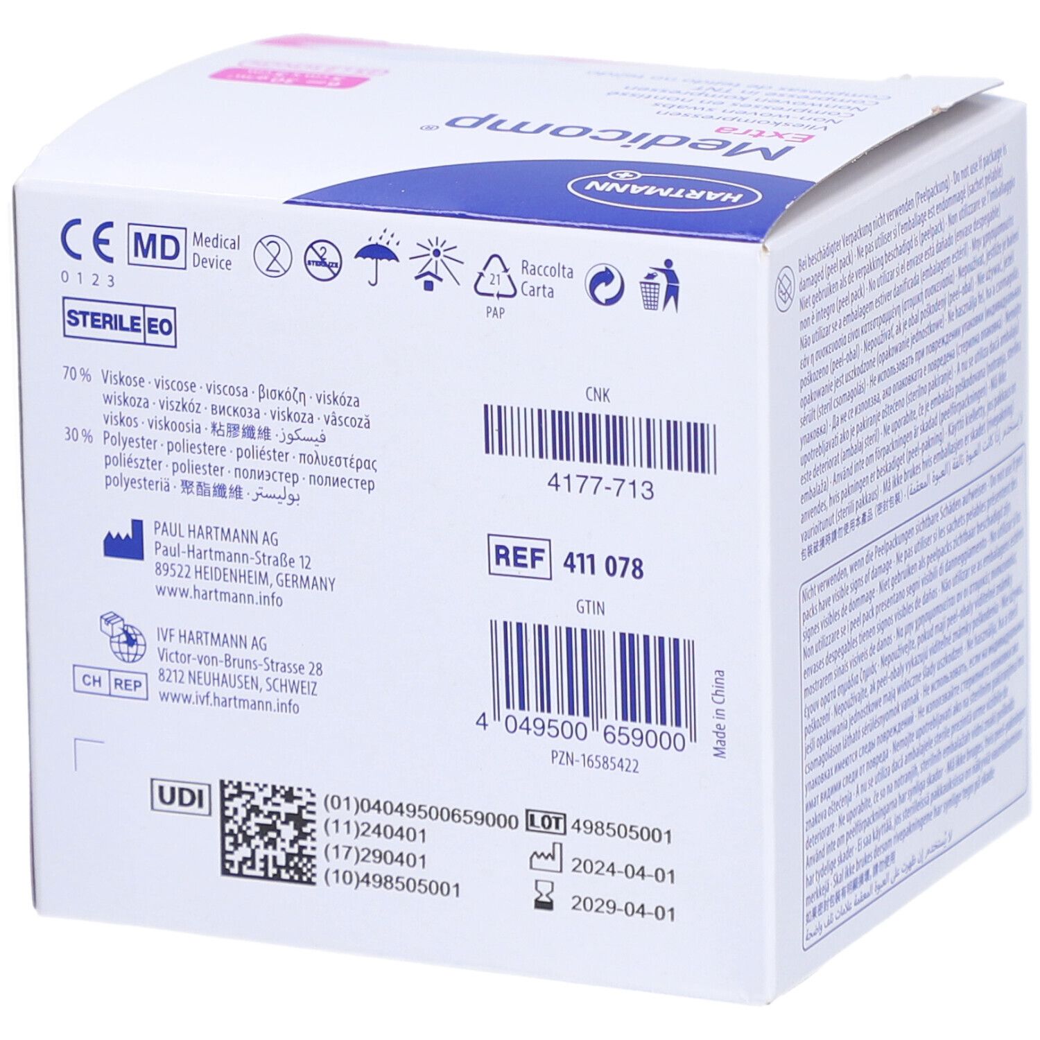 Seite der Medicomp Extra Verpackung. Medizinprodukt. Steril. Informationen zu Materialien und Chargennummer.
