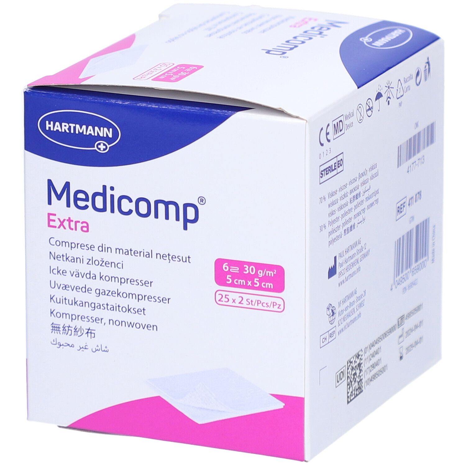 Verpackung von Medicomp Extra. 6 Kompressen, 5x5 cm. Marke Hartmann. Rosa und weiße Verpackung.