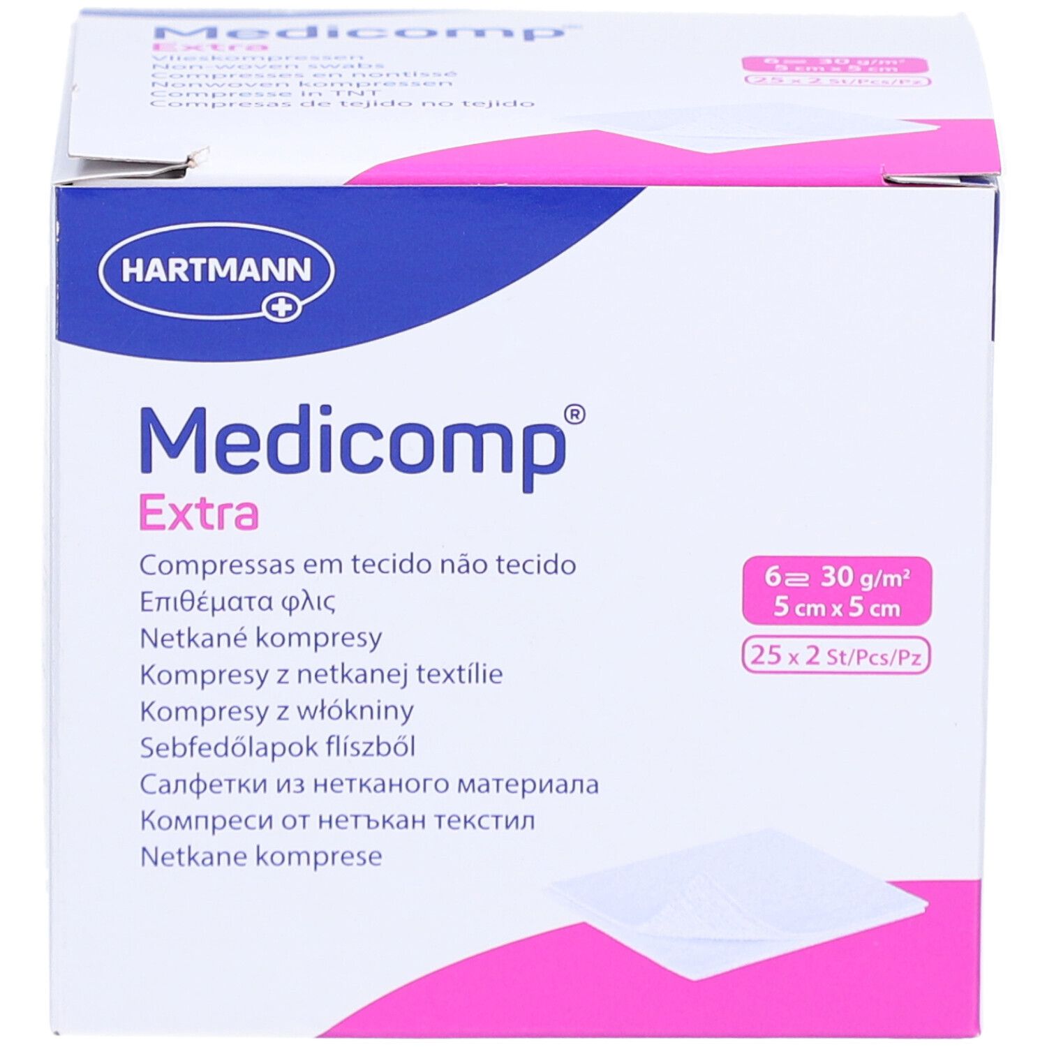 Verpackung von Medicomp Extra. 6 Kompressen, 5x5 cm. Marke Hartmann. Rosa und weiße Verpackung.
