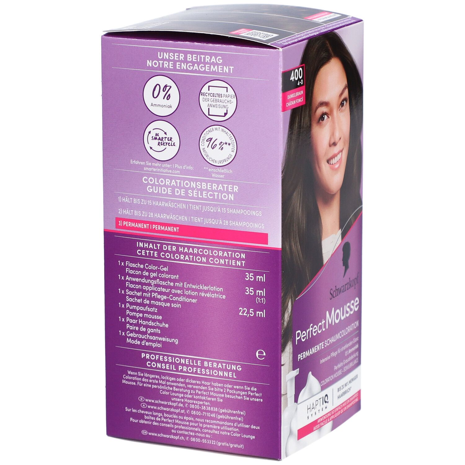 Dos de la boîte Perfect Mousse. Contenu: gel colorant, lotion révélatrice, soin, mousse, gants. Conseils professionnels.