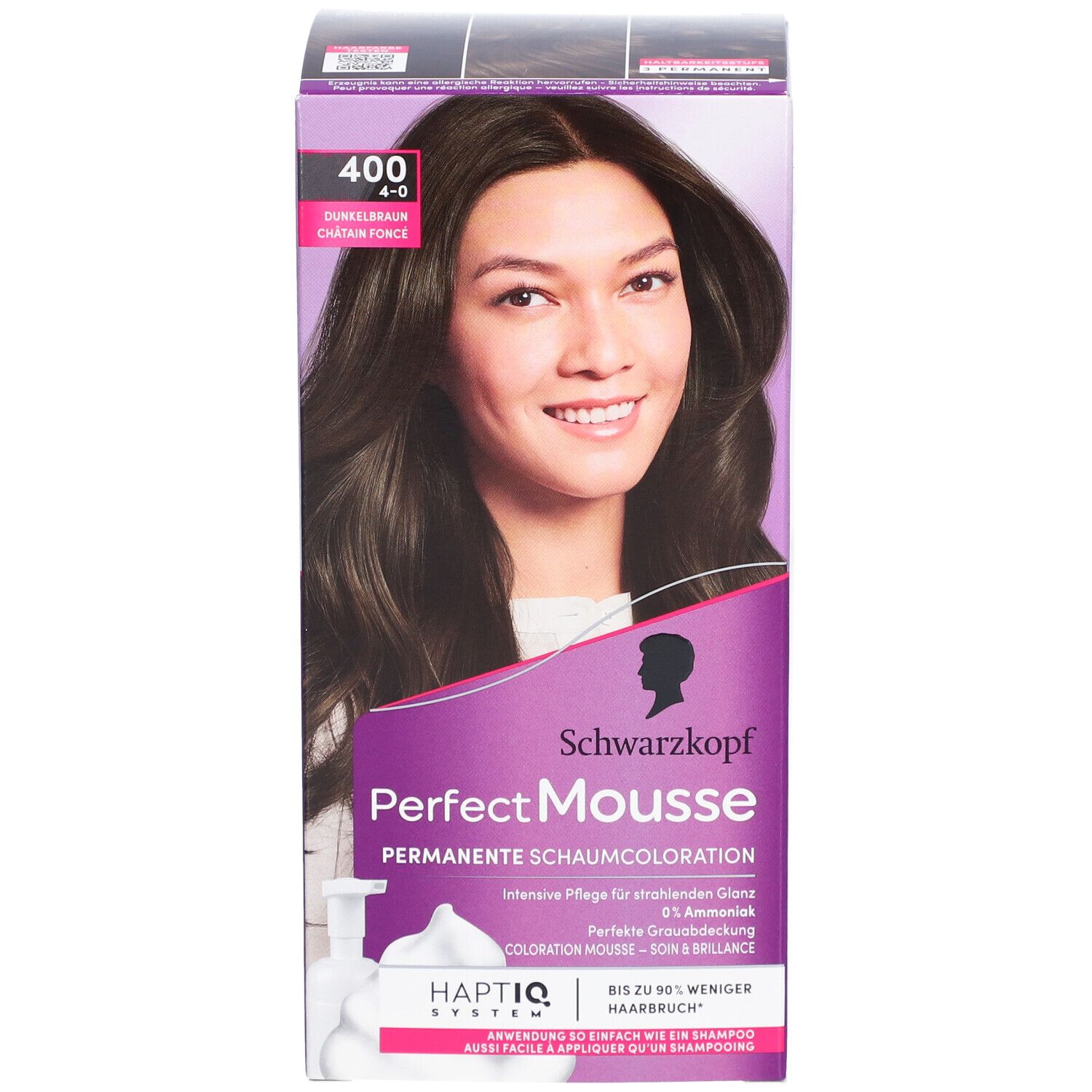 Boîte Schwarzkopf Perfect Mousse. Brun foncé 400. Femme aux cheveux bruns. Coloration mousse permanente. Système HAPTIC.