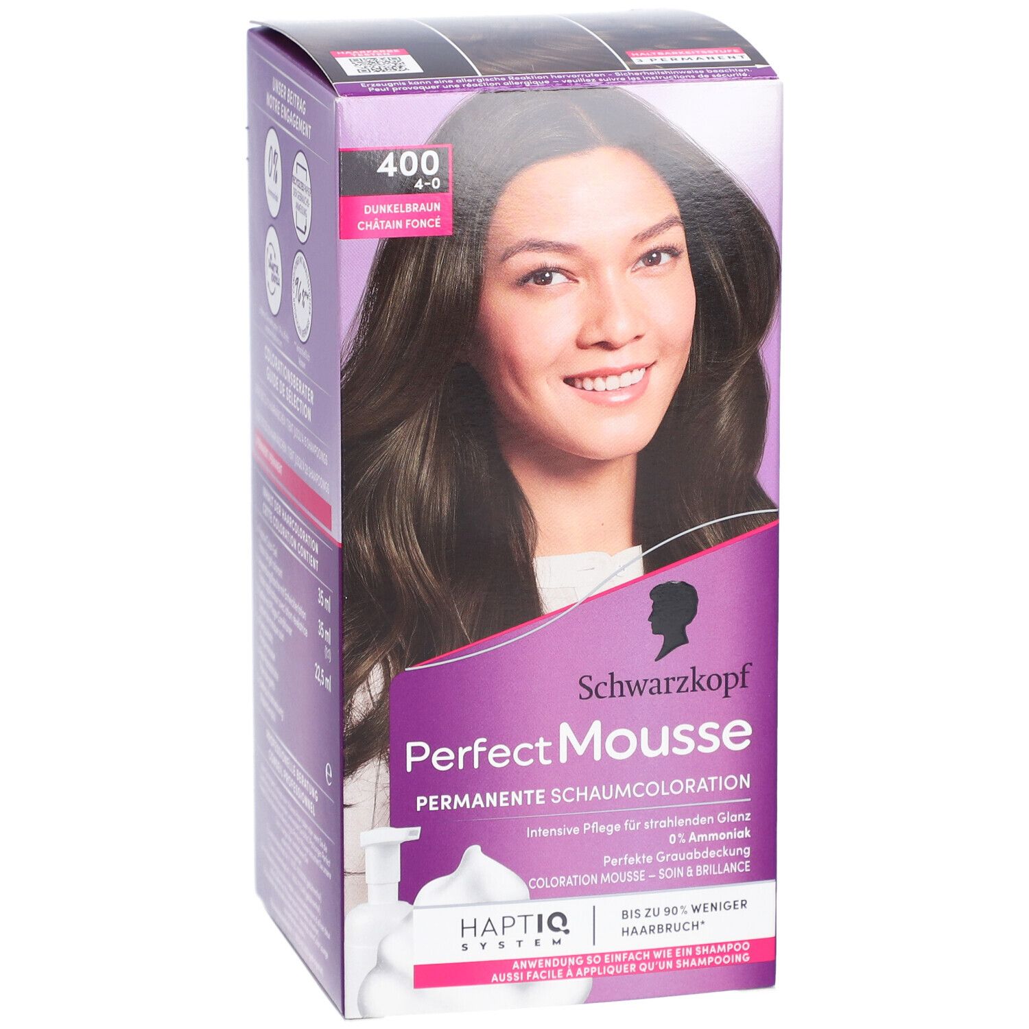Boîte Schwarzkopf Perfect Mousse. Brun foncé 400. Femme aux cheveux bruns. Coloration mousse permanente. Système HAPTIC.
