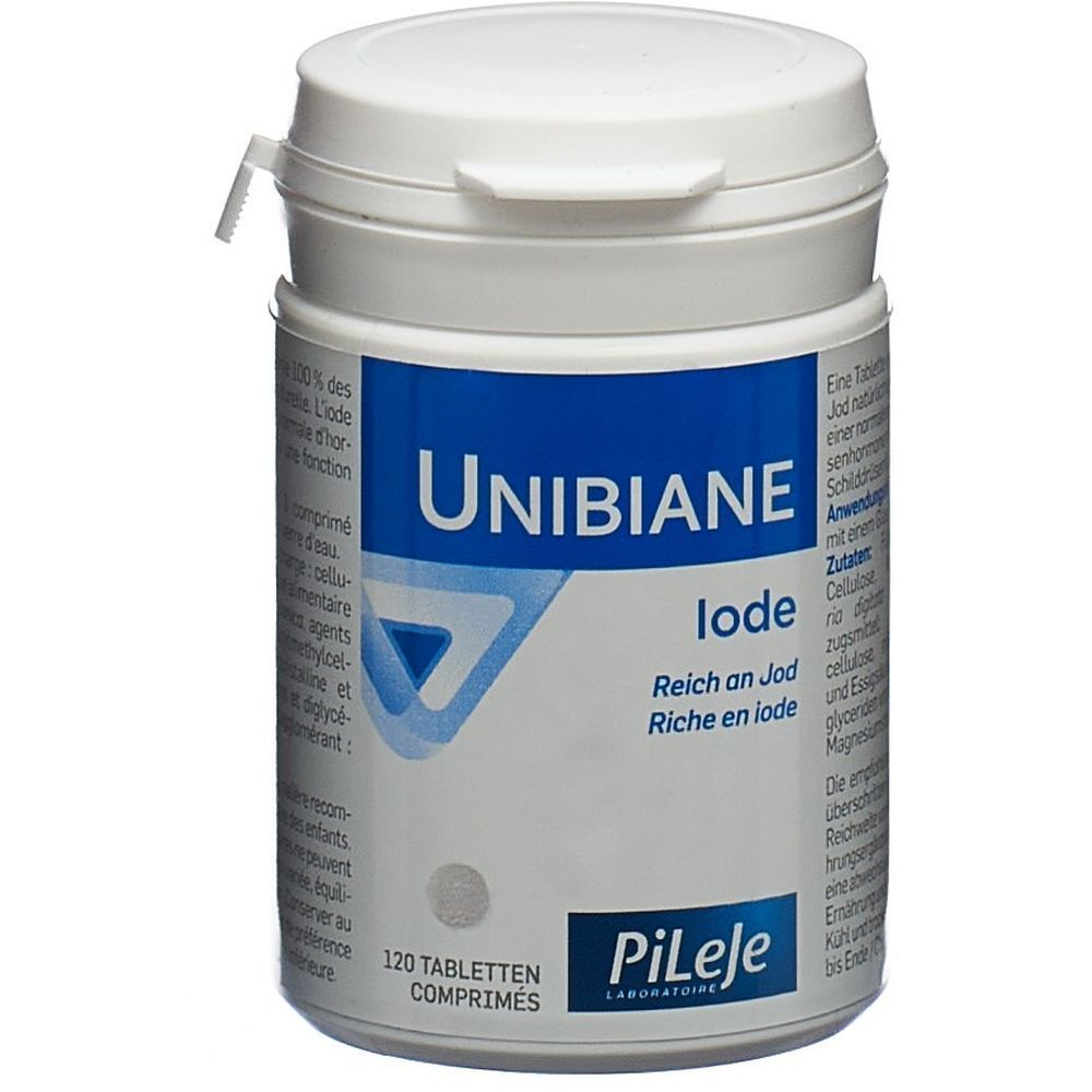 Weiße Dose mit blauem Etikett. Aufschrift: UNIBIANE, Jod, 120 Tabletten. Hersteller: PILEJE.