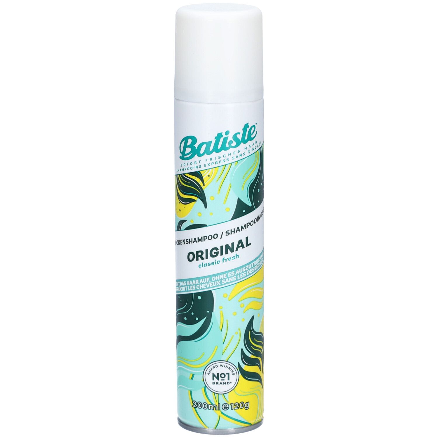 Batiste Trockenshampoo Original, weiße Dose mit grün-gelbem Design. Aufschrift: Batiste, Original, classic fresh. Mit No.1 Siegel.