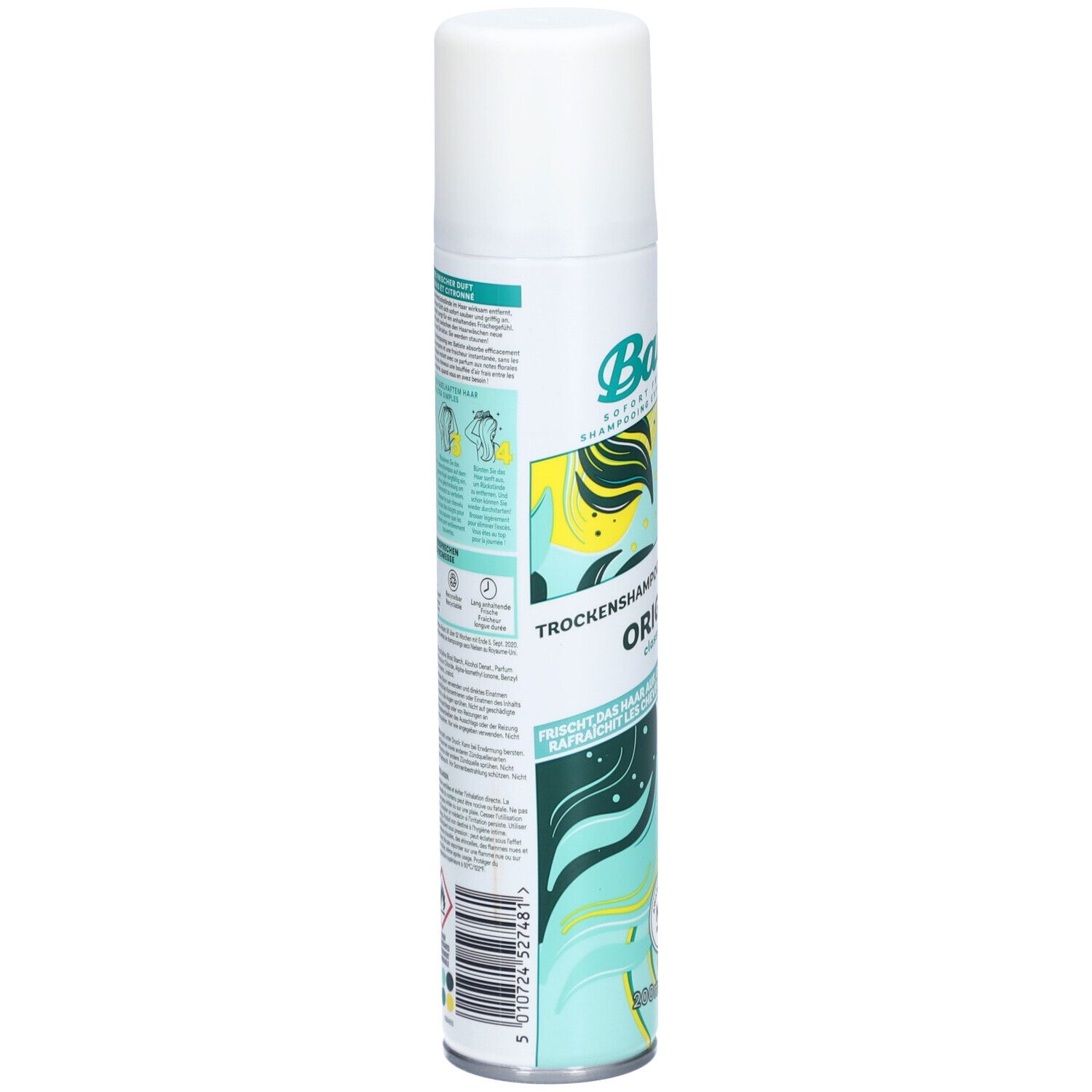 Rückseite der Batiste Trockenshampoo Original Dose. Text in mehreren Sprachen. Illustrationen zur Anwendung. Barcode und Warnhinweise.