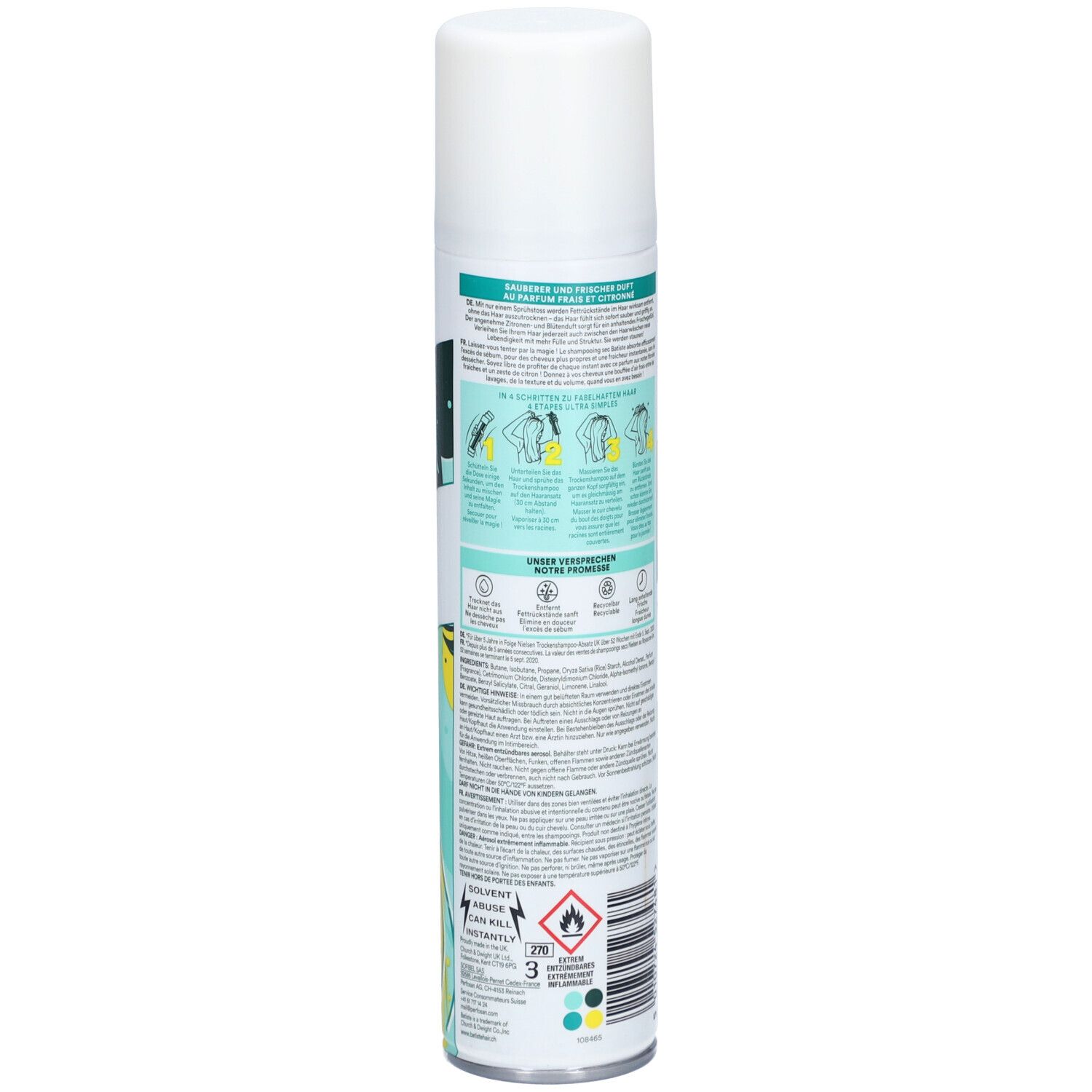 Rückseite der Batiste Trockenshampoo Original Dose. Text in mehreren Sprachen. Illustrationen zur Anwendung. Warnhinweise und Piktogramme.