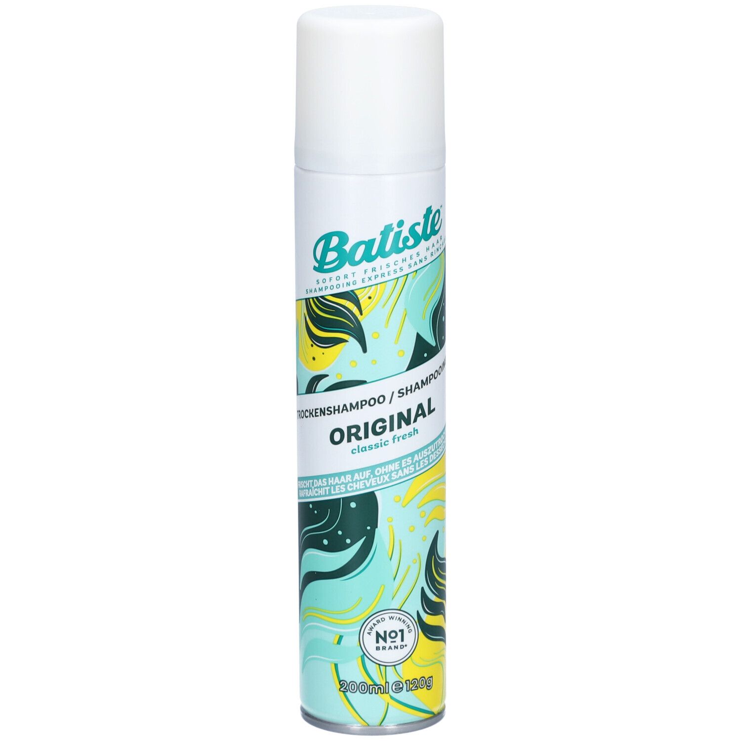 Batiste Trockenshampoo Original, weiße Dose mit grün-gelbem Design. Aufschrift: Batiste, Original, classic fresh. Mit No.1 Siegel.