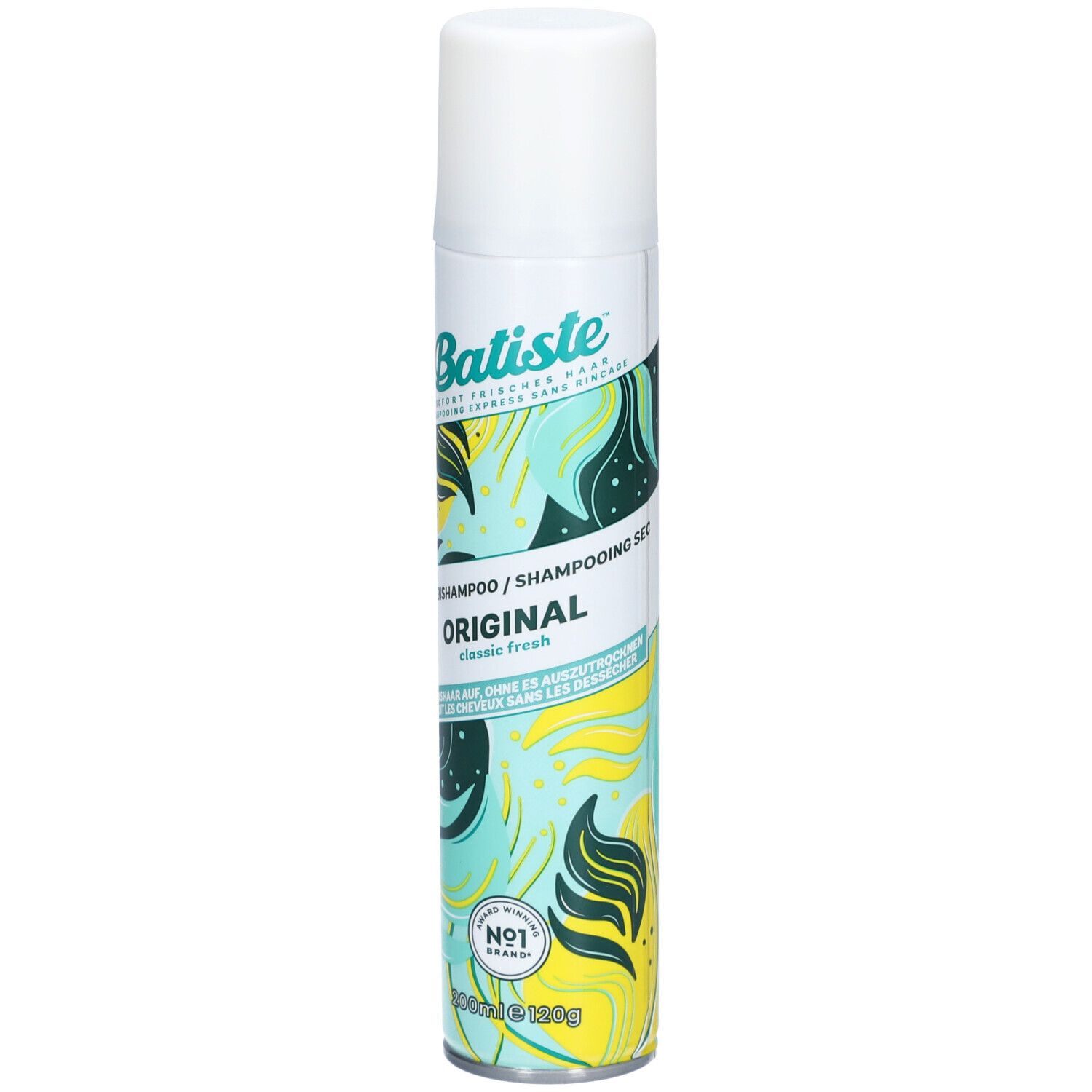 Batiste Trockenshampoo Original, weiße Dose mit grün-gelbem Design. Aufschrift: Batiste, Original, classic fresh. Mit No.1 Siegel.