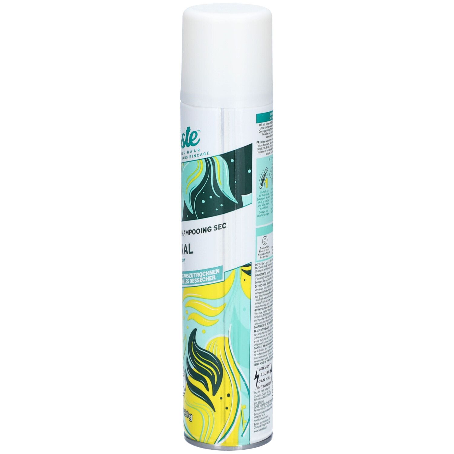 Batiste Trockenshampoo Original, weiße Dose mit grün-gelbem Design. Aufschrift: Batiste, Original, classic fresh. Mit No.1 Siegel.