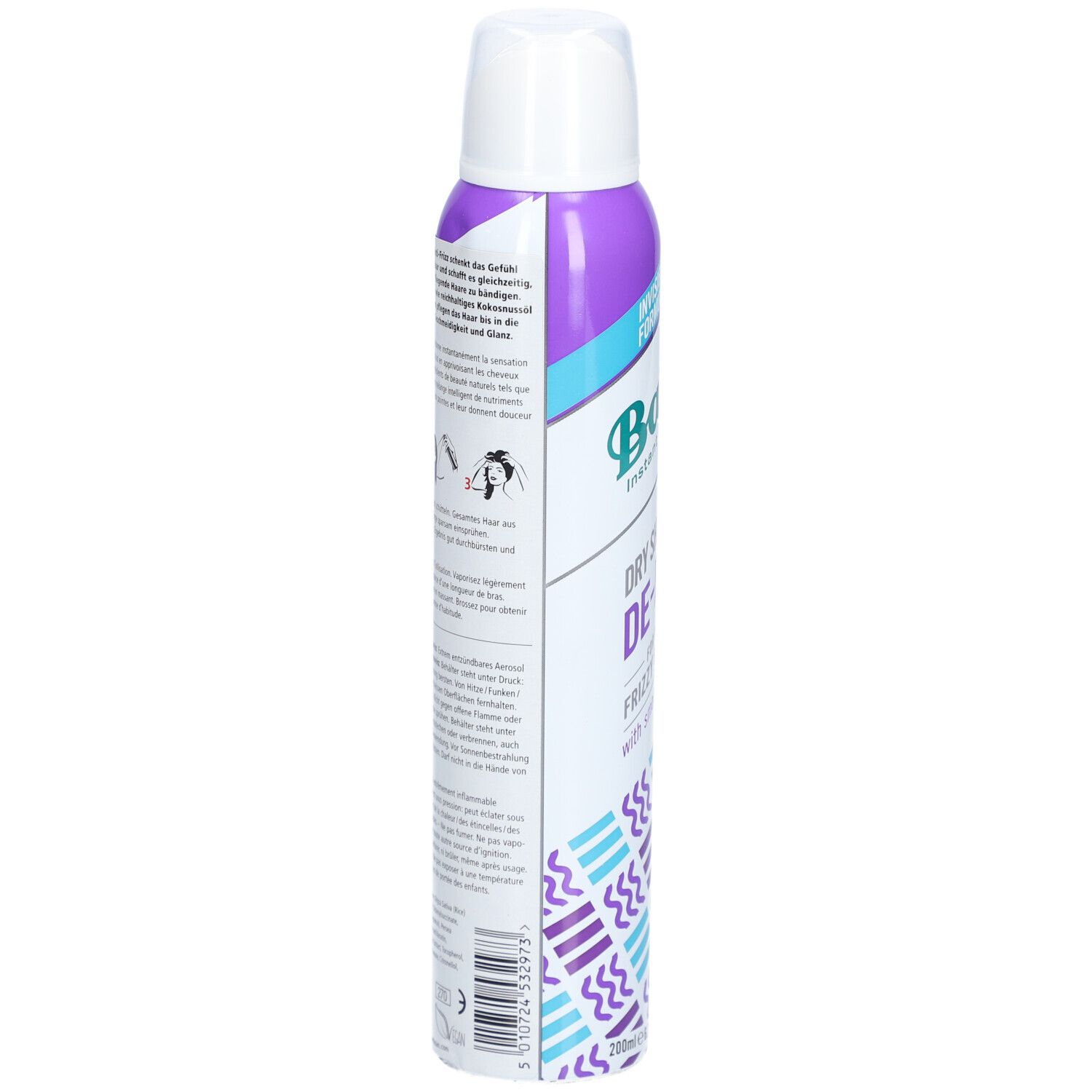 Trockenshampoo-Spraydose, Seitenansicht. Lila-weißes Design. Text und Anwendungshinweise. Produktname nicht vollständig sichtbar.