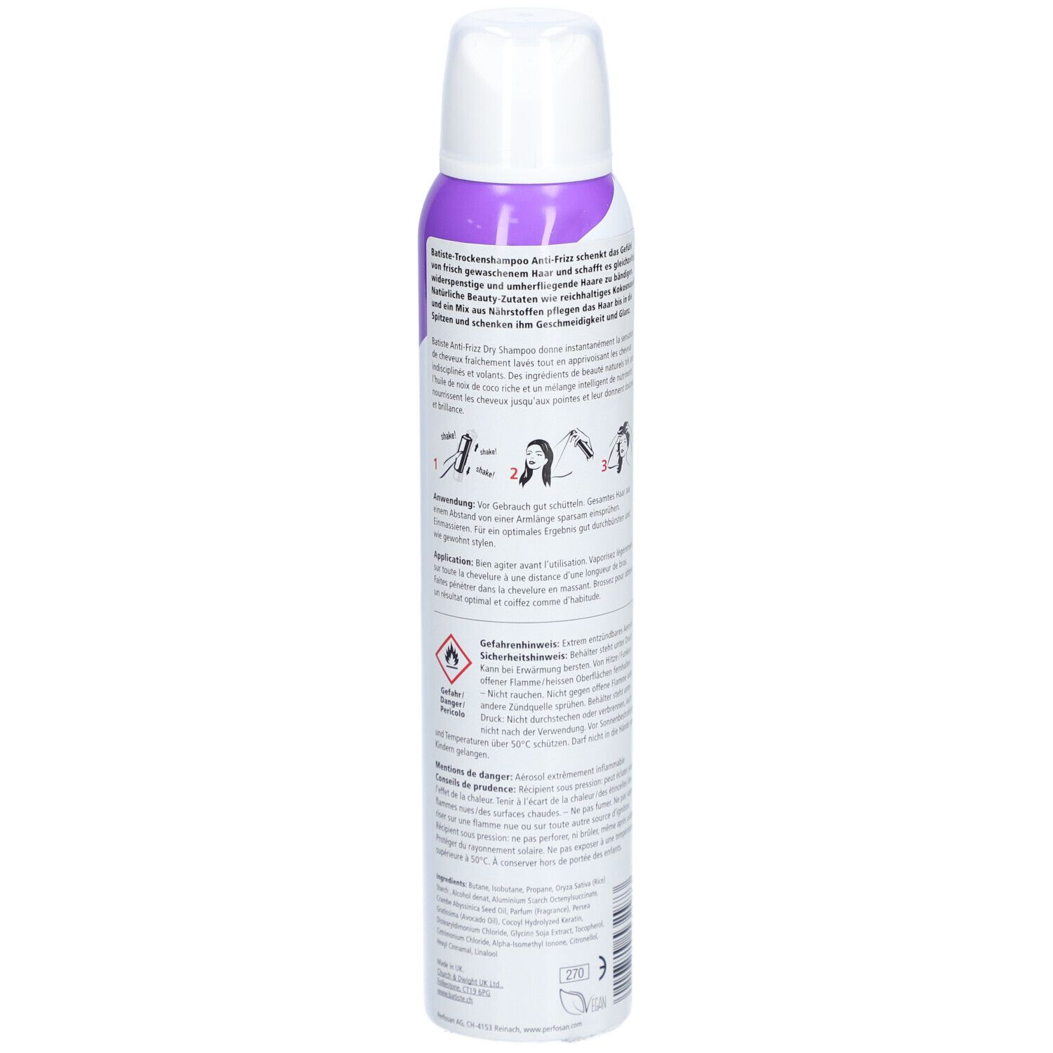 Rückseite der Trockenshampoo-Spraydose. Lila-weißes Design. Text und Anwendungshinweise. Produktname nicht vollständig sichtbar.
