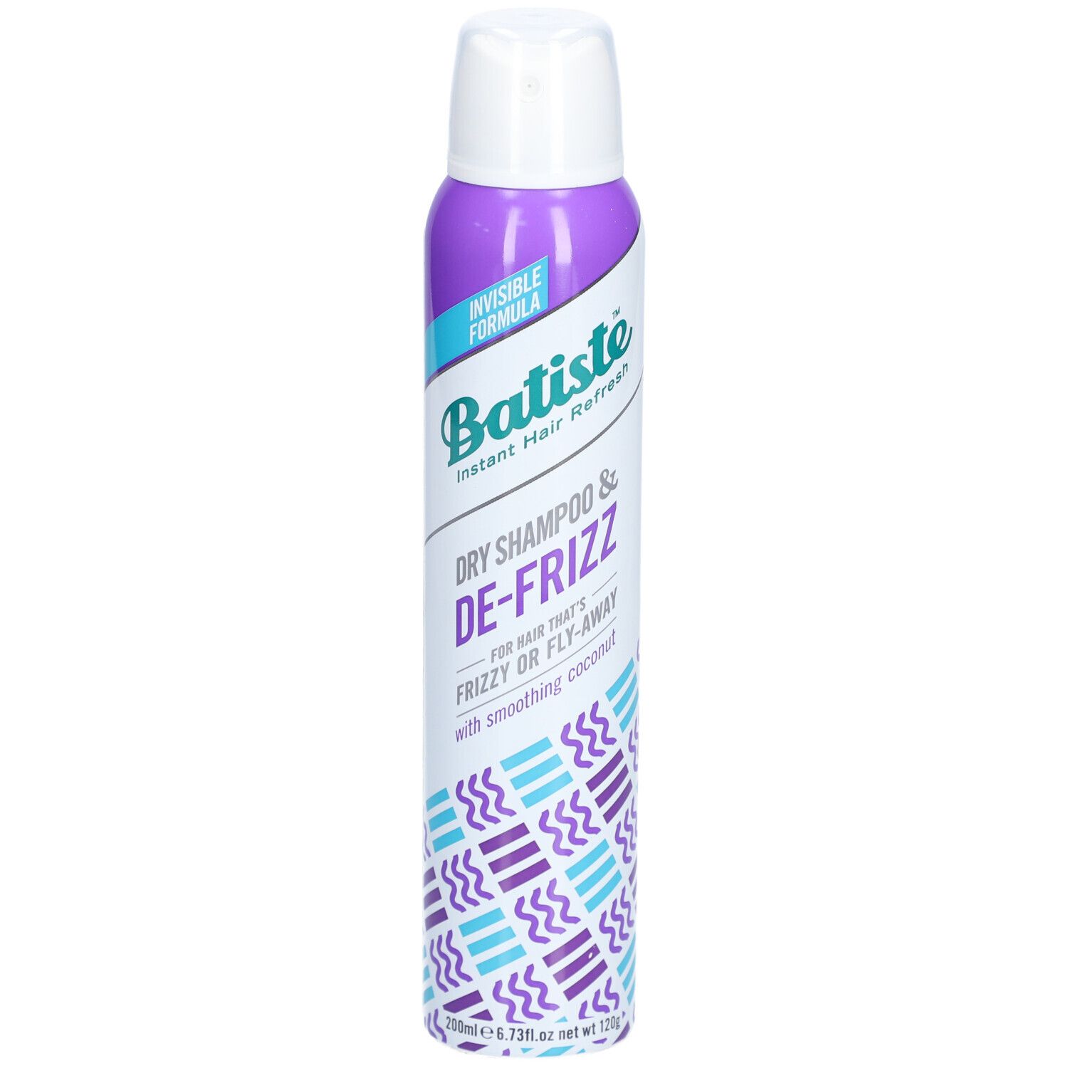 Trockenshampoo-Spraydose. Lila-weißes Design. Schriftzug: Batiste Dry Shampoo & De-Frizz. Mit Kokosduft. 120g.