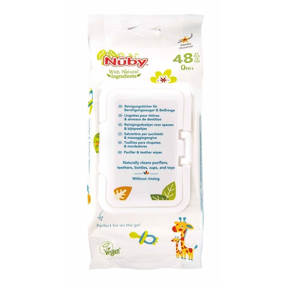 Paquet de lingettes nettoyantes NUBY. Contient 48 lingettes. Pour sucettes, biberons et jouets. Vegan.