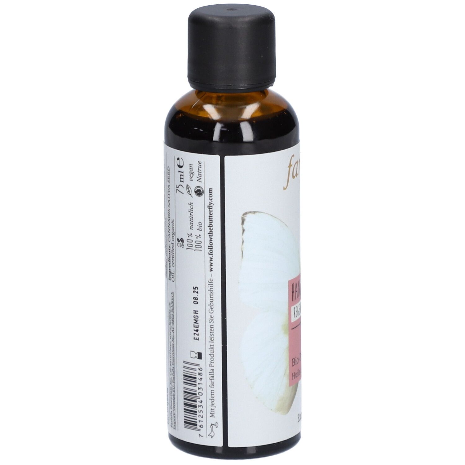 Braune Glasflasche mit schwarzem Deckel. Etikett mit Text, u.a. "75 ml", "100% natürlich", "vegan".